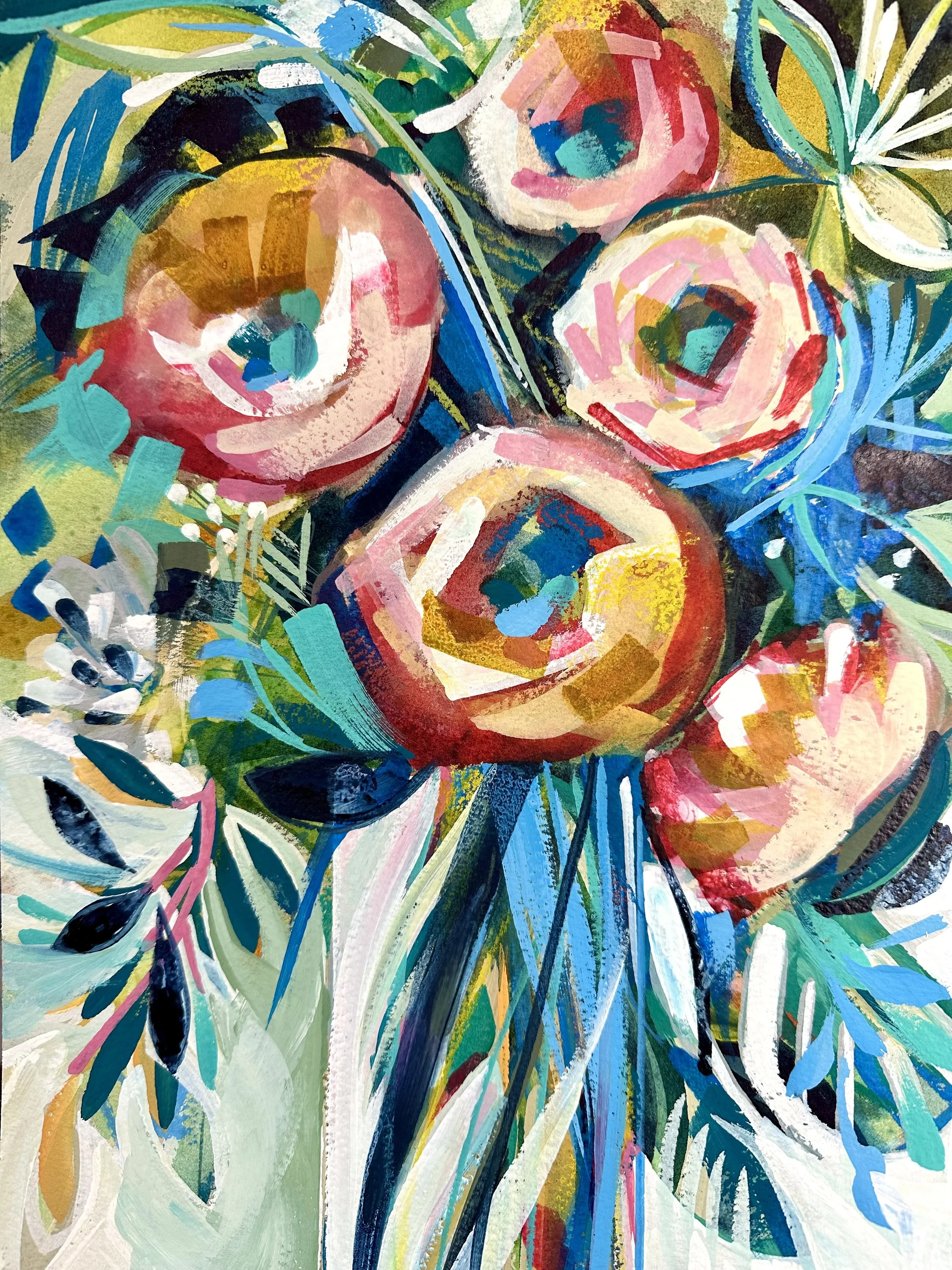 An abstract painting with colorful brushstrokes depicting rose flowers and leaves in vibrant colors such as pink, red, blue, green, white, and yellow.