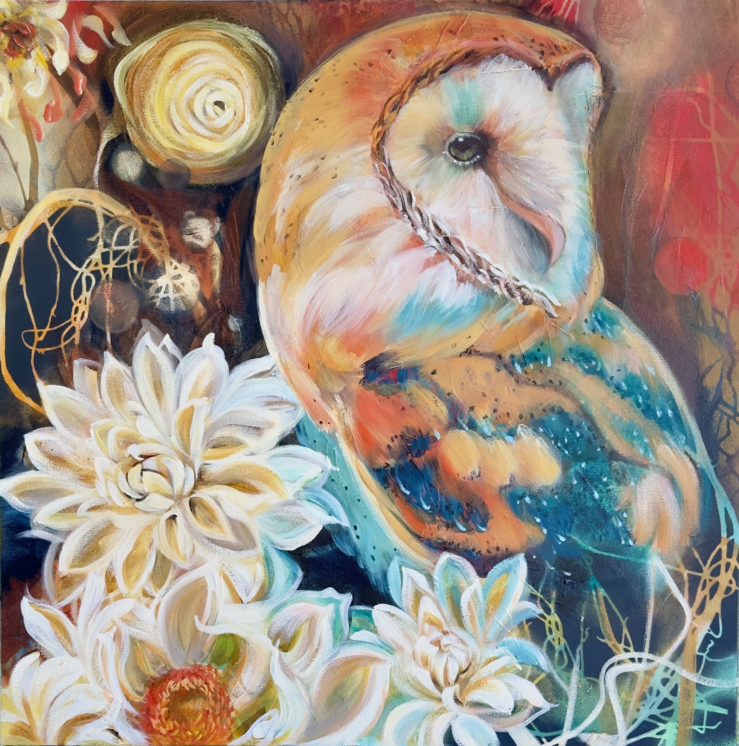 Nature's Elegance: Owl and Floral Oil Painting
