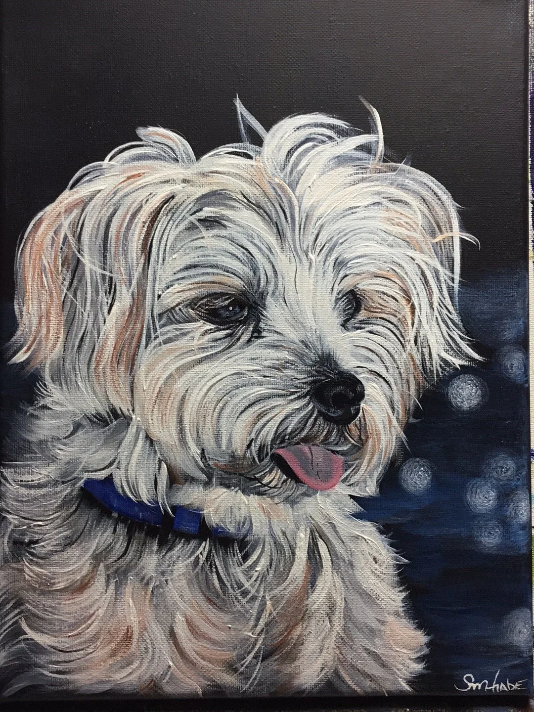 Painting of a fluffy dog with long, curly fur, black eyes, black nose, and a pink tongue sticking out, wearing a blue collar, against a dark background with soft white circular highlights.