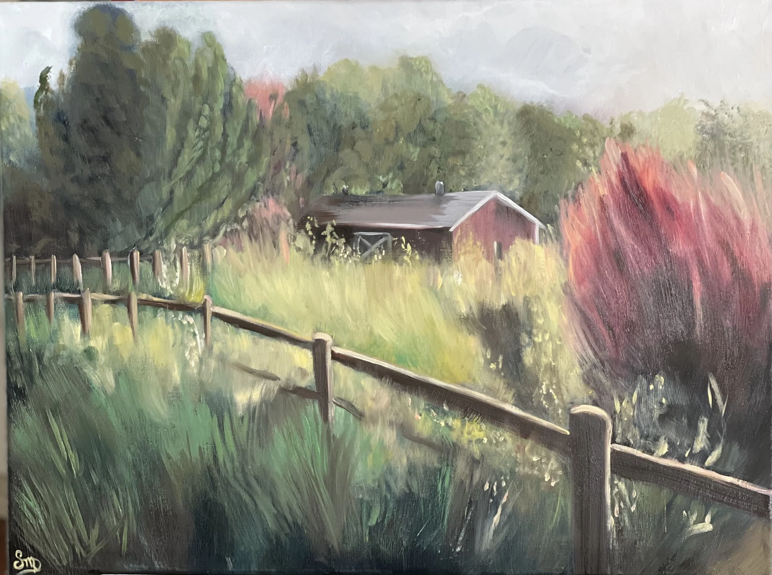 A landscape painting of a rural scene with tall grass in the foreground, a wooden fence, a barn or shed in the middle ground, and trees in the background under a cloudy sky.