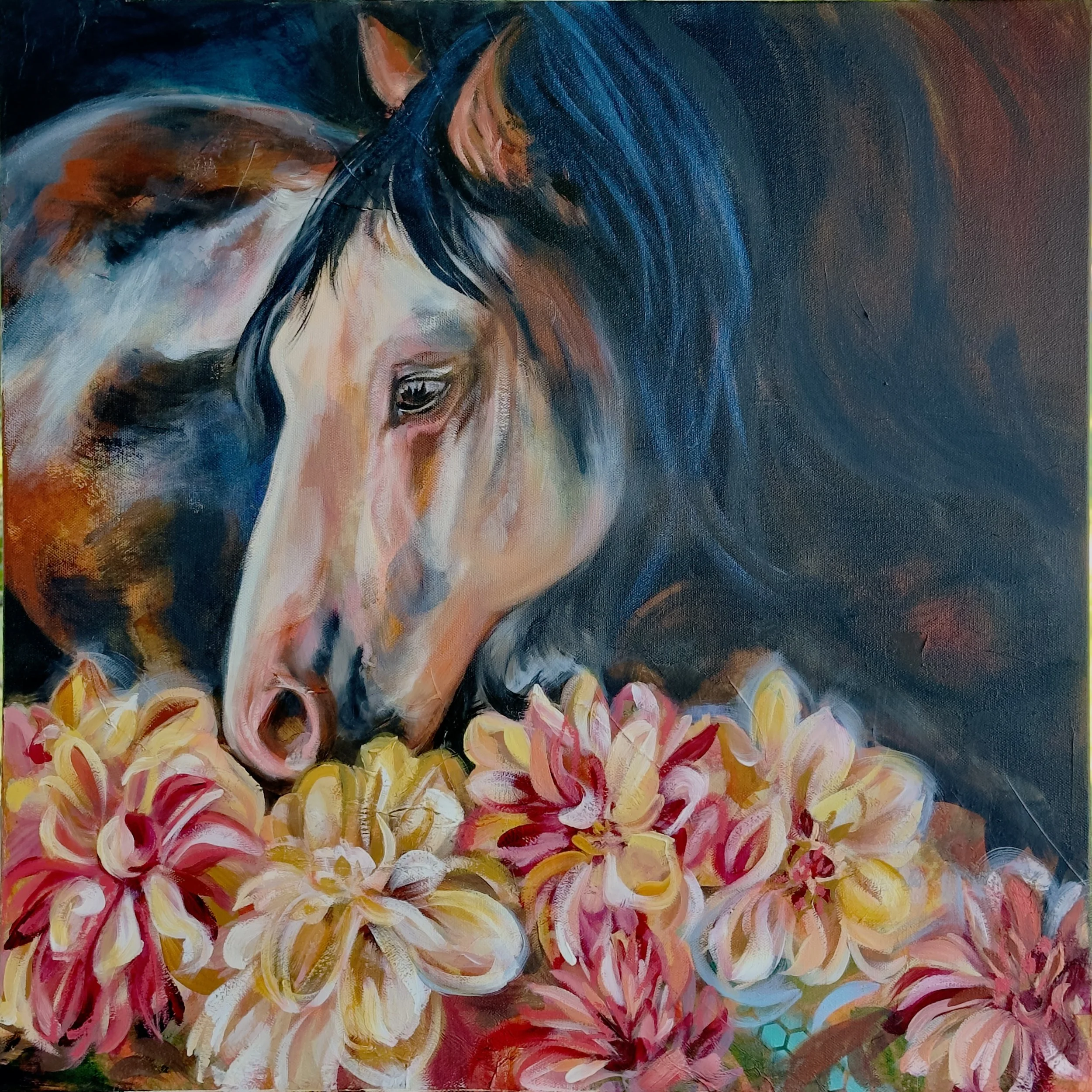 Majestic Equine Floral Oil Painting