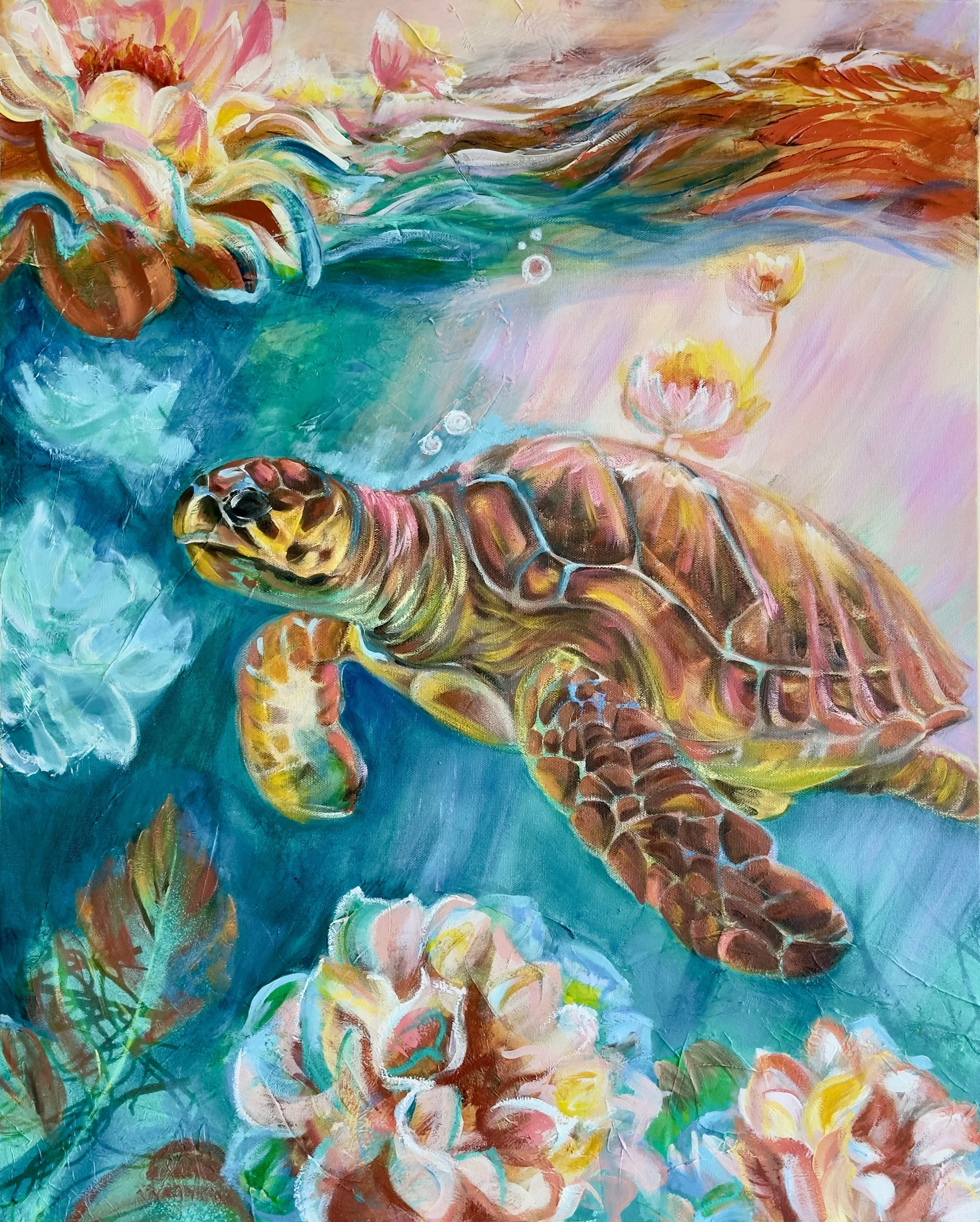 Underwater Turtle Elegance - 24 x 36 Oil Painting