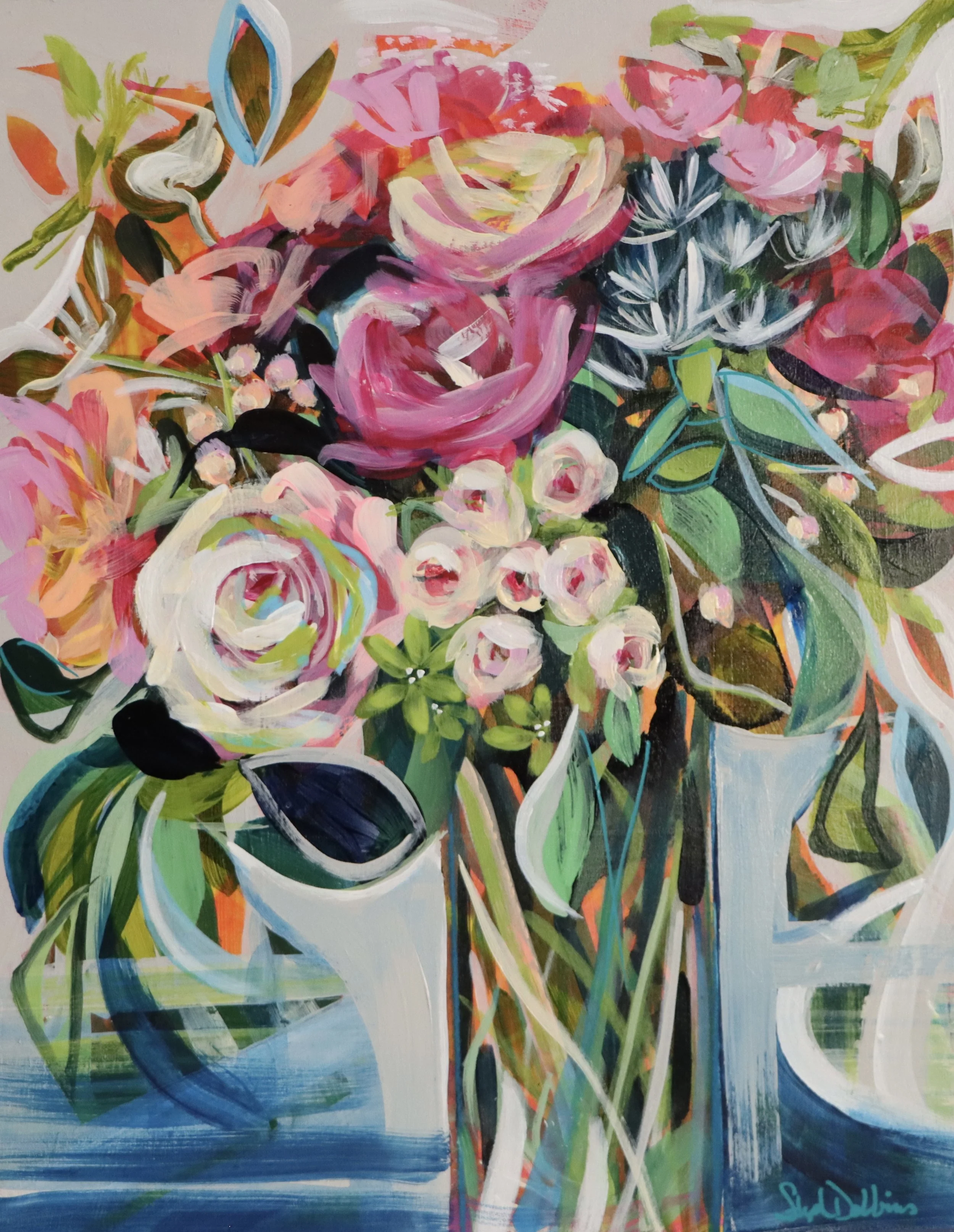 An abstract painting of a colorful bouquet of flowers, featuring pink, white, orange, blue, green, and black brushstrokes with leaves and blossoms on a gray background.