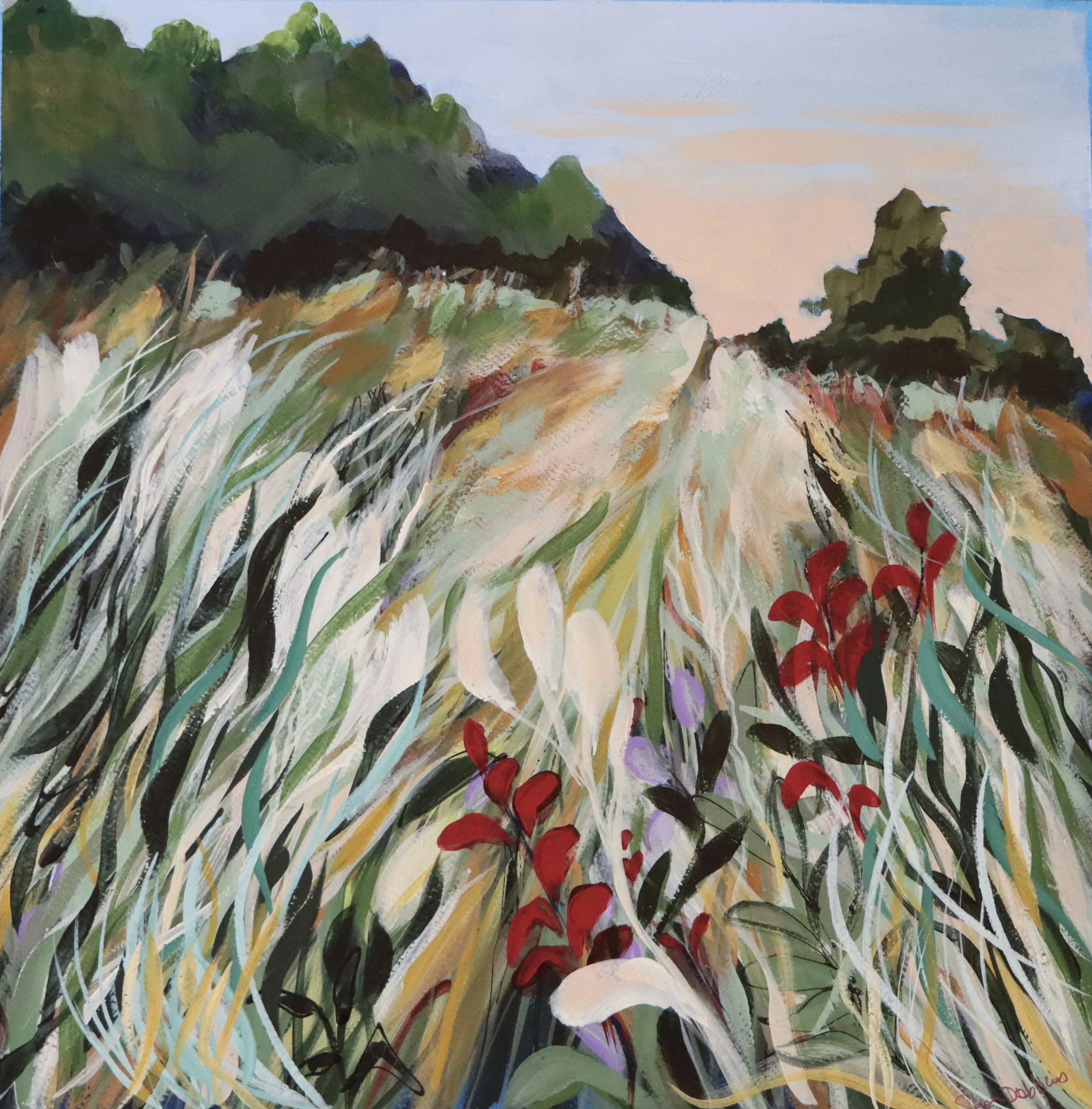 Abstract painting of a rural landscape with grassy fields, trees, and a path, rendered in vibrant, expressive brushstrokes.
