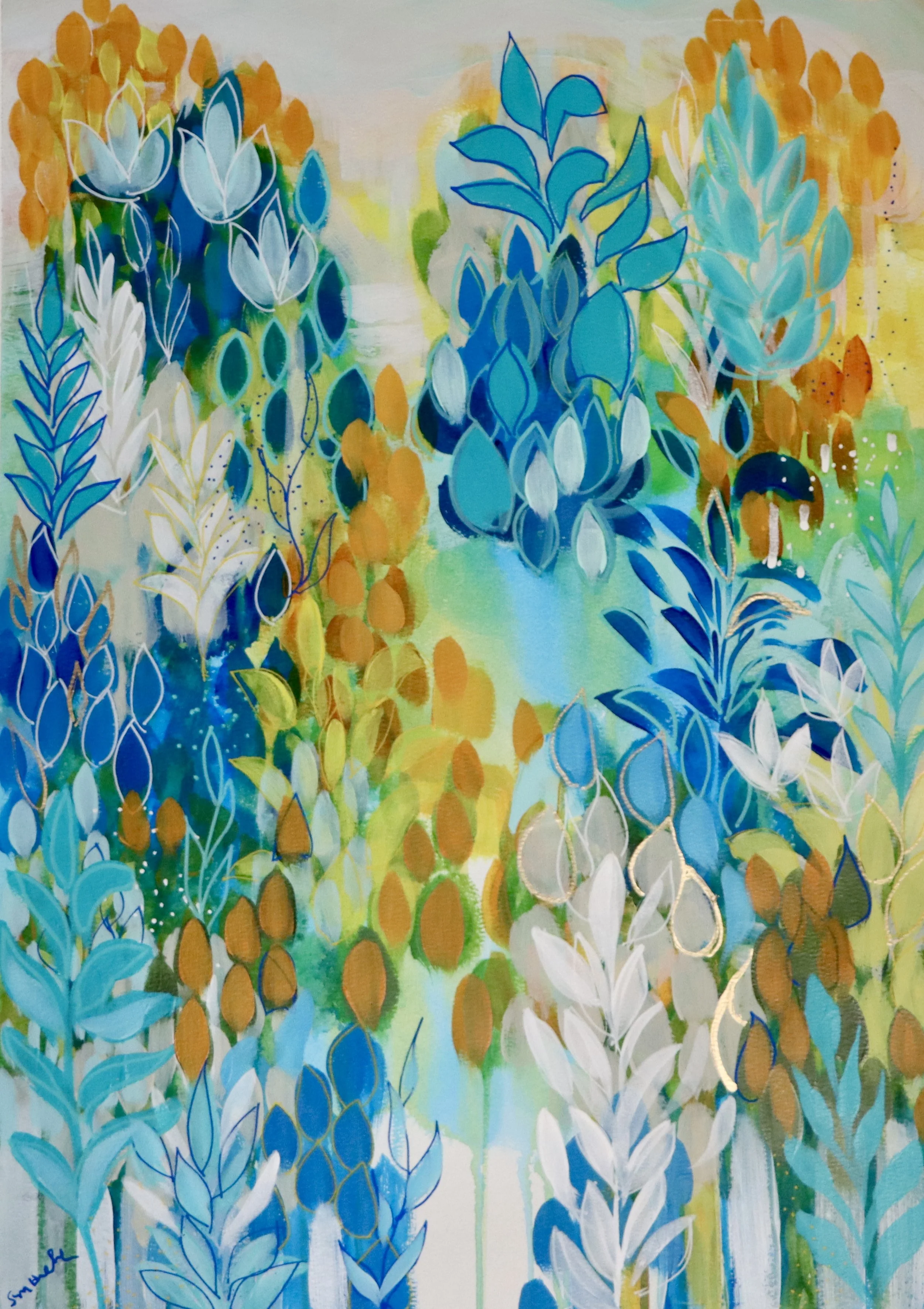 Abstract painting of colorful foliage with blue, white, and brown leaves, and orange and yellow accents, in a vibrant, layered composition.