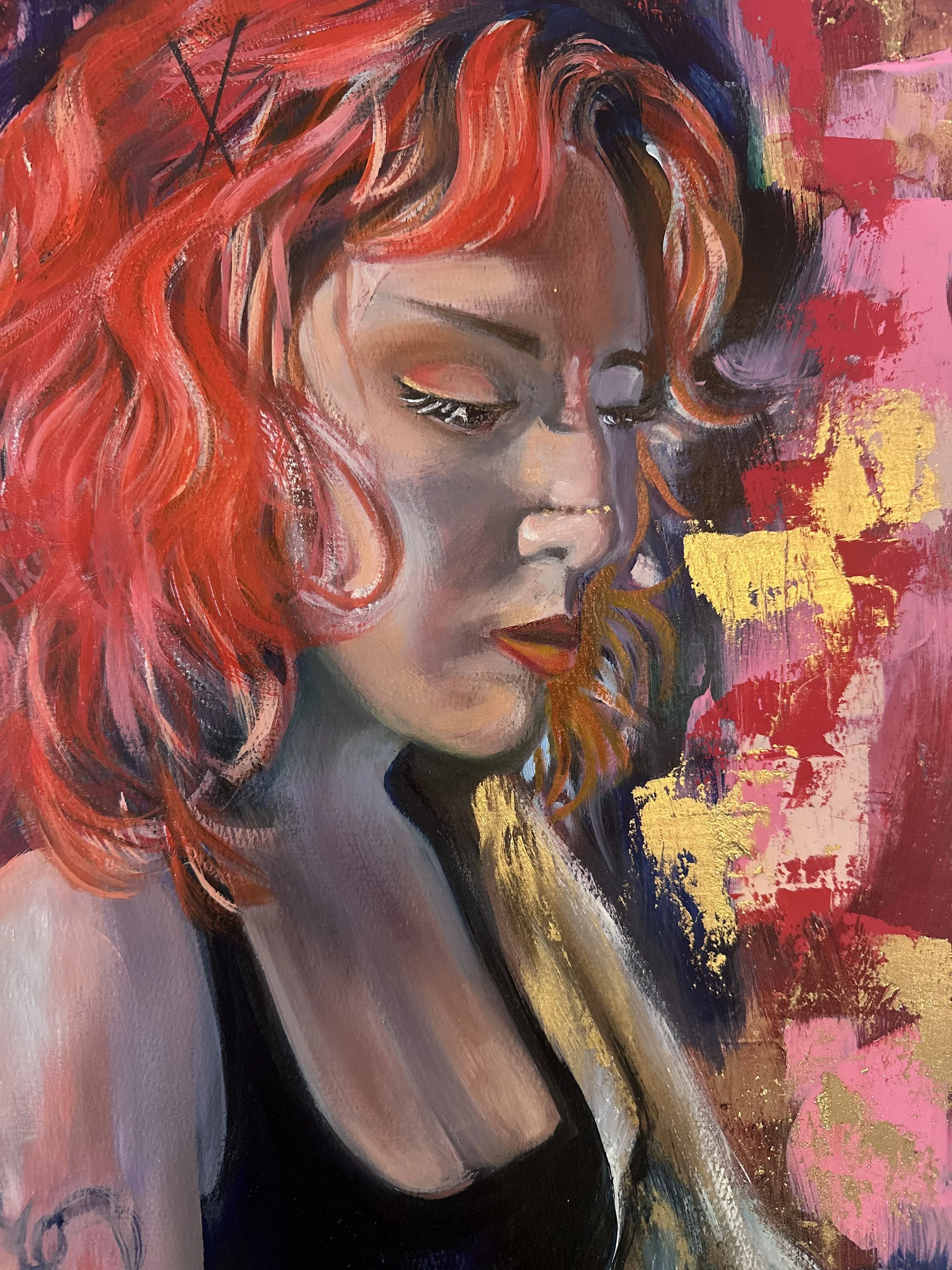 A colorful portrait painting of a woman with flowing red hair, closed eyes, and a peaceful expression. The background features abstract patches of pink, red, purple, and gold.