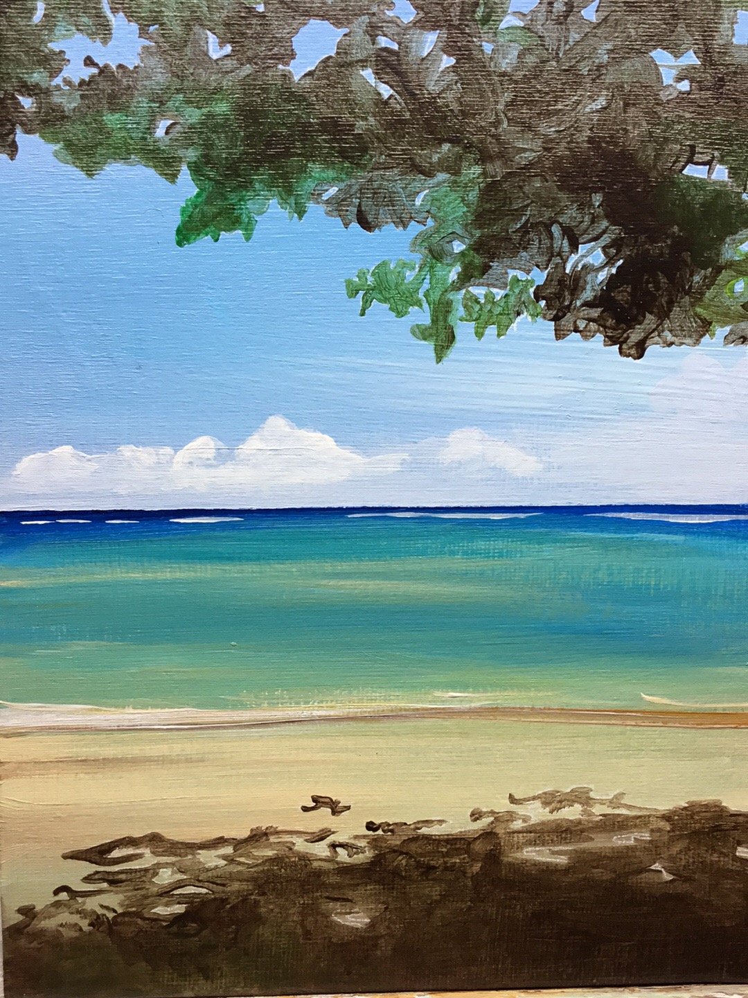 A painting of a beach scene with green and blue water, sandy shore, and a cloudy sky, viewed through overhanging tree branches with green and brown leaves.