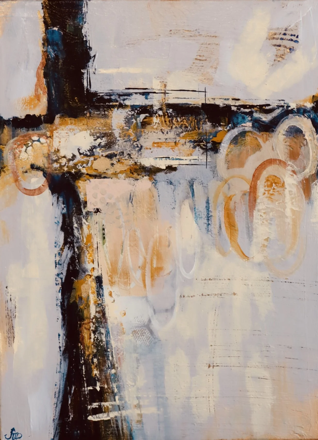 An abstract painting with dominant colors of black, white, beige, blue, and hints of orange. The composition features a vertical black streak on the left side, with various circular and linear shapes spread throughout the canvas.