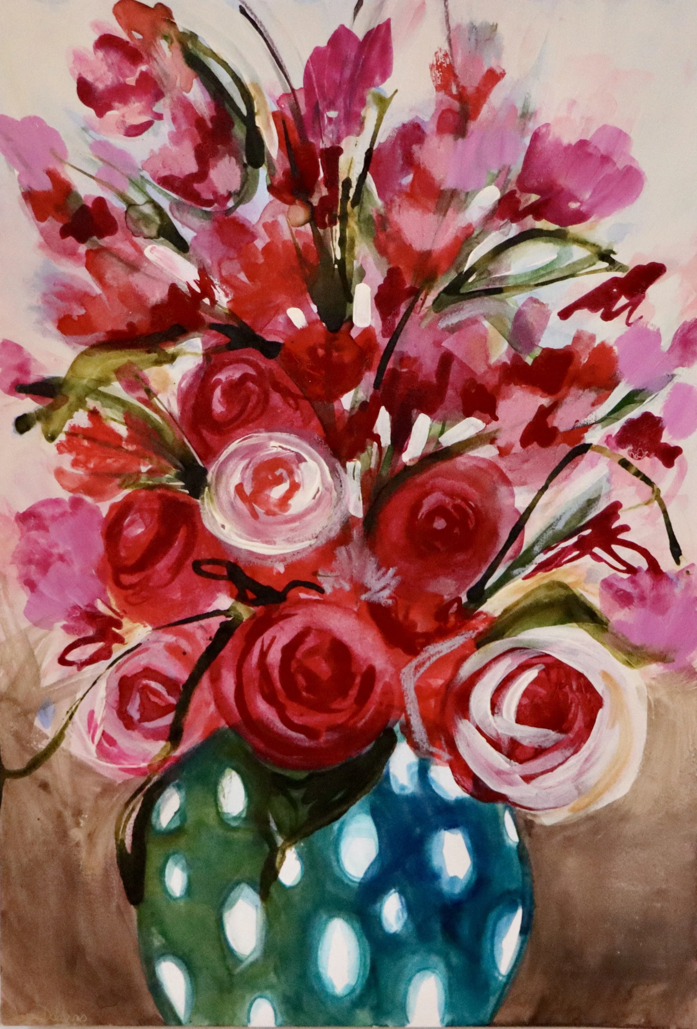 An abstract watercolor painting of a bouquet of flowers in a vase. The flowers are primarily red and pink with some green and black accents. The vase is blue with white dots, set against a brown background.
