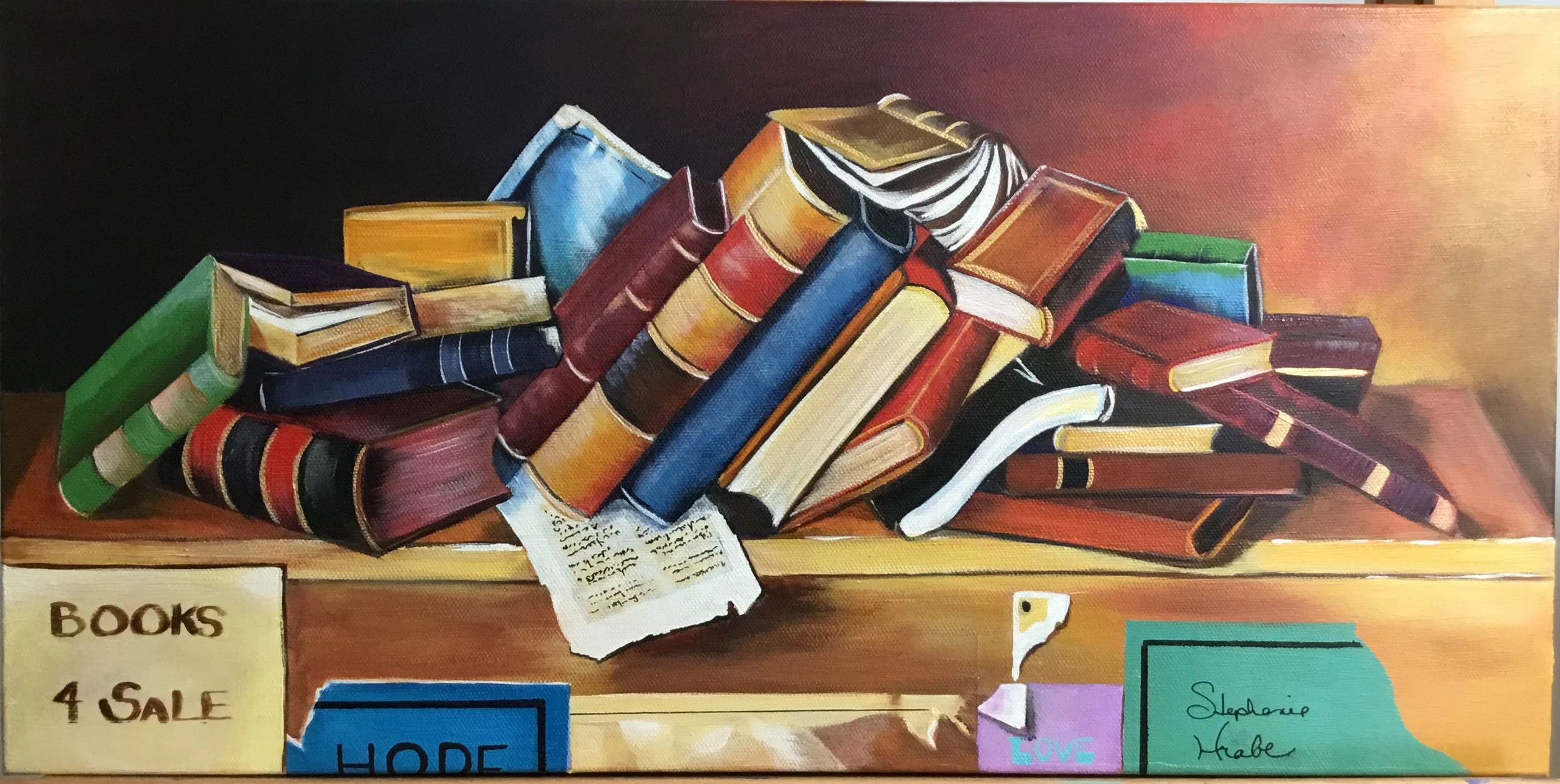 A painting of a pile of assorted colored books stacked on a wooden table.