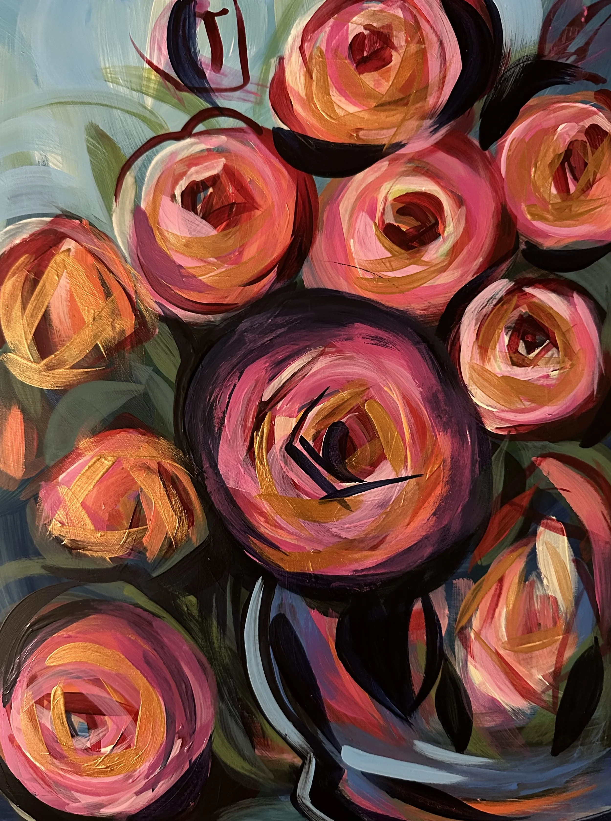 Abstract painting of roses with vibrant pink, orange, and red petals, black and dark green leaves, and a blue background.
