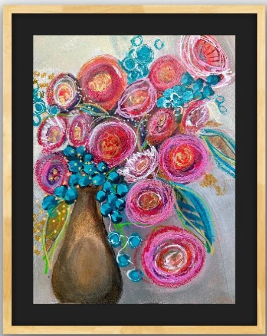 Colorful abstract painting of a flower bouquet in a brown vase, with pink, red, blue, and green blooms and leaves.