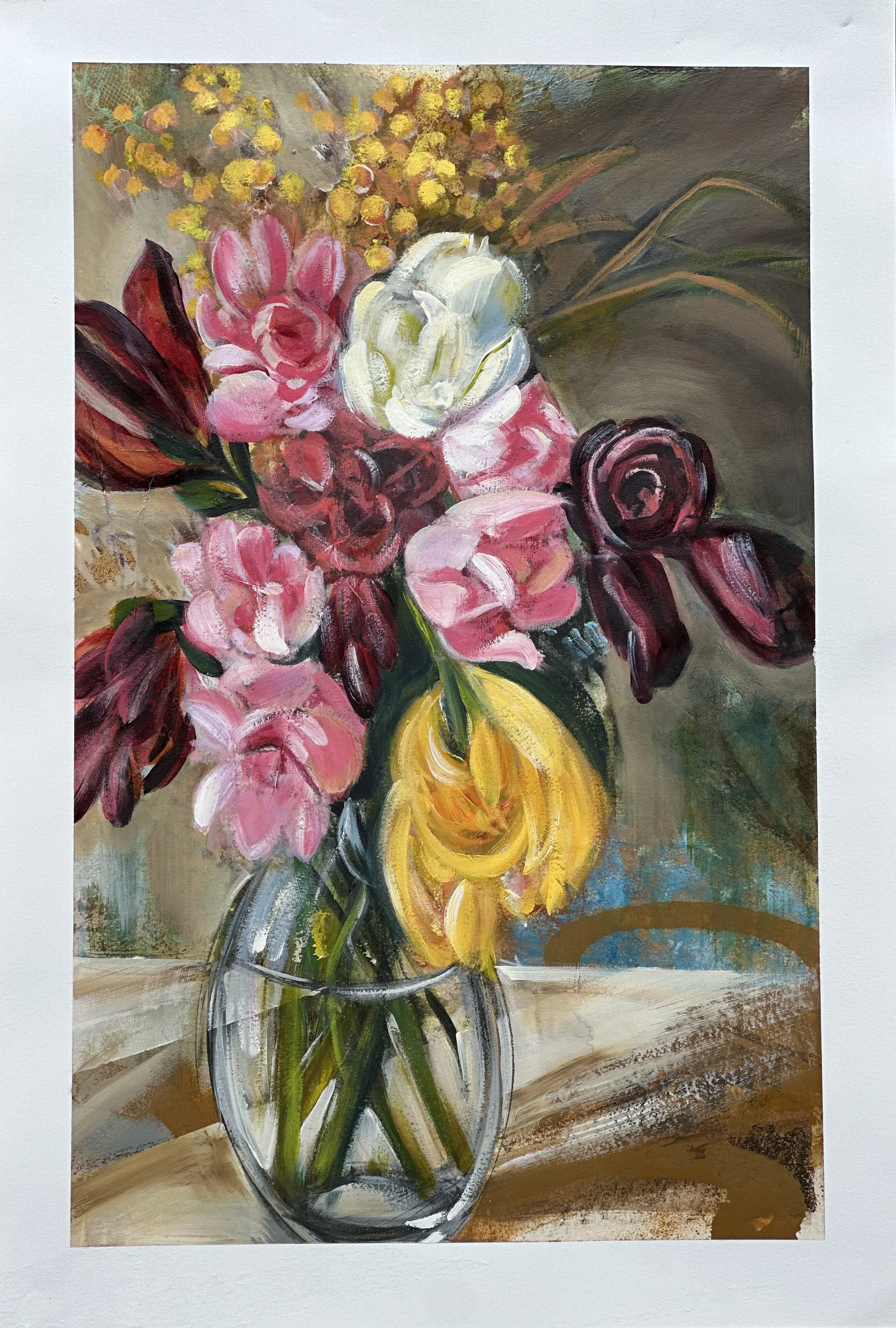 An impressionistic painting of a glass vase with a bouquet of flowers, including pink blooms, white flowers, yellow accents, and dark leaves, on a wooden surface.