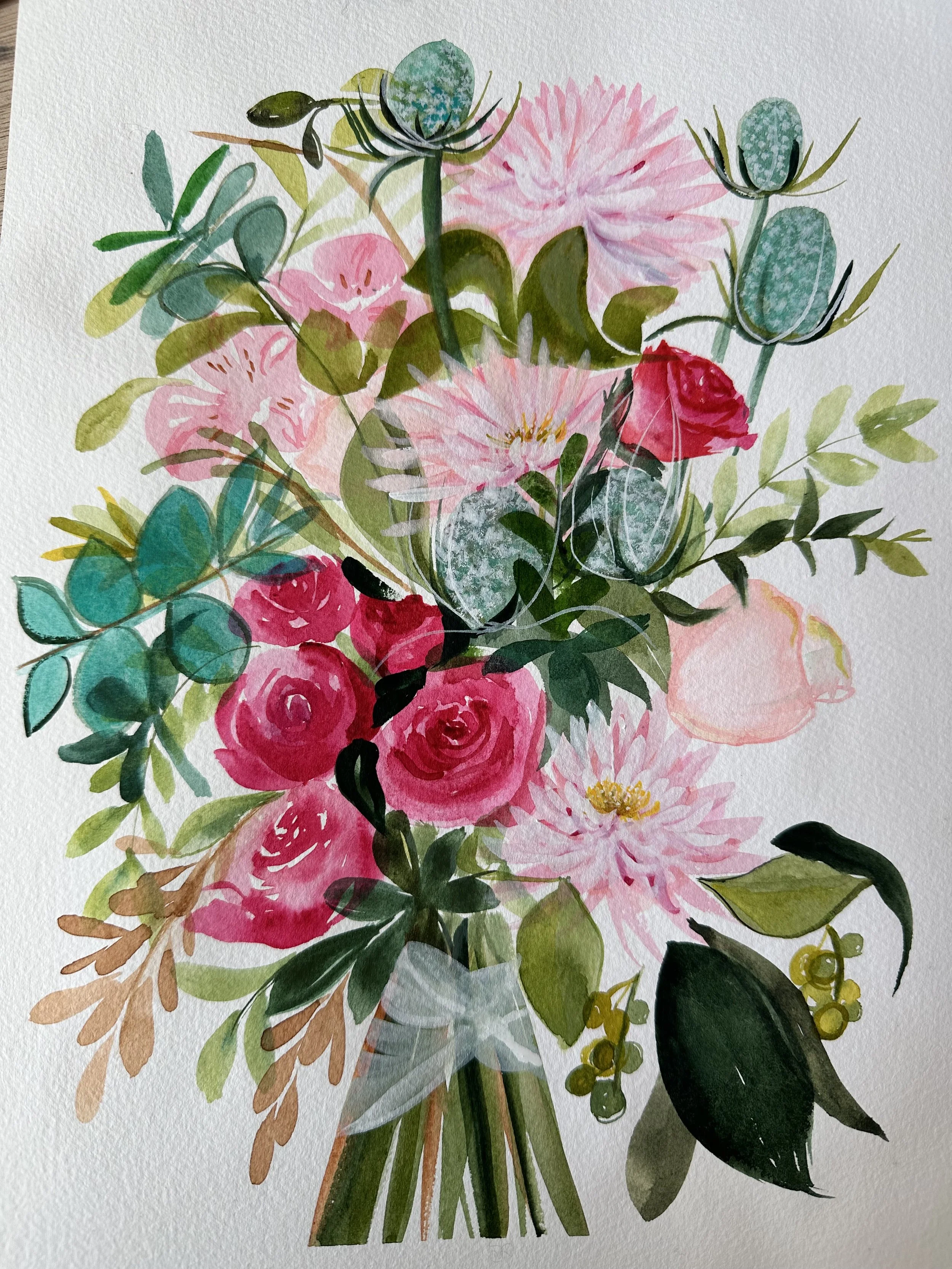Watercolor painting of a flower bouquet with pink, red, and white flowers, green leaves, and some yellow accent flowers.