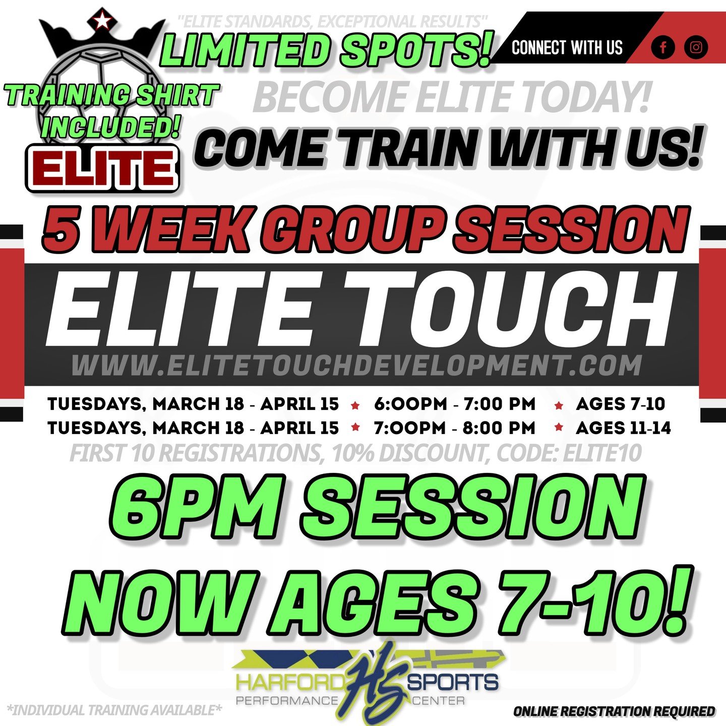 ❗️UPDATE❗️
💥DUE TO RECENT INQUIRES, 6:00PM SESSION NOW AGES 7-10💥

👕TRAINING SHIRTS INCLUDED! 👕

⚽️📣INDIVIDUAL SESSIONS AVAILABLE NOW⚽️📣
ONE HOUR WEEKLY ONE-ON-ONE SESSIONS - THURSDAYS
6pm-7pm and 7pm-8pm

www.elitetouchdevelopment.com