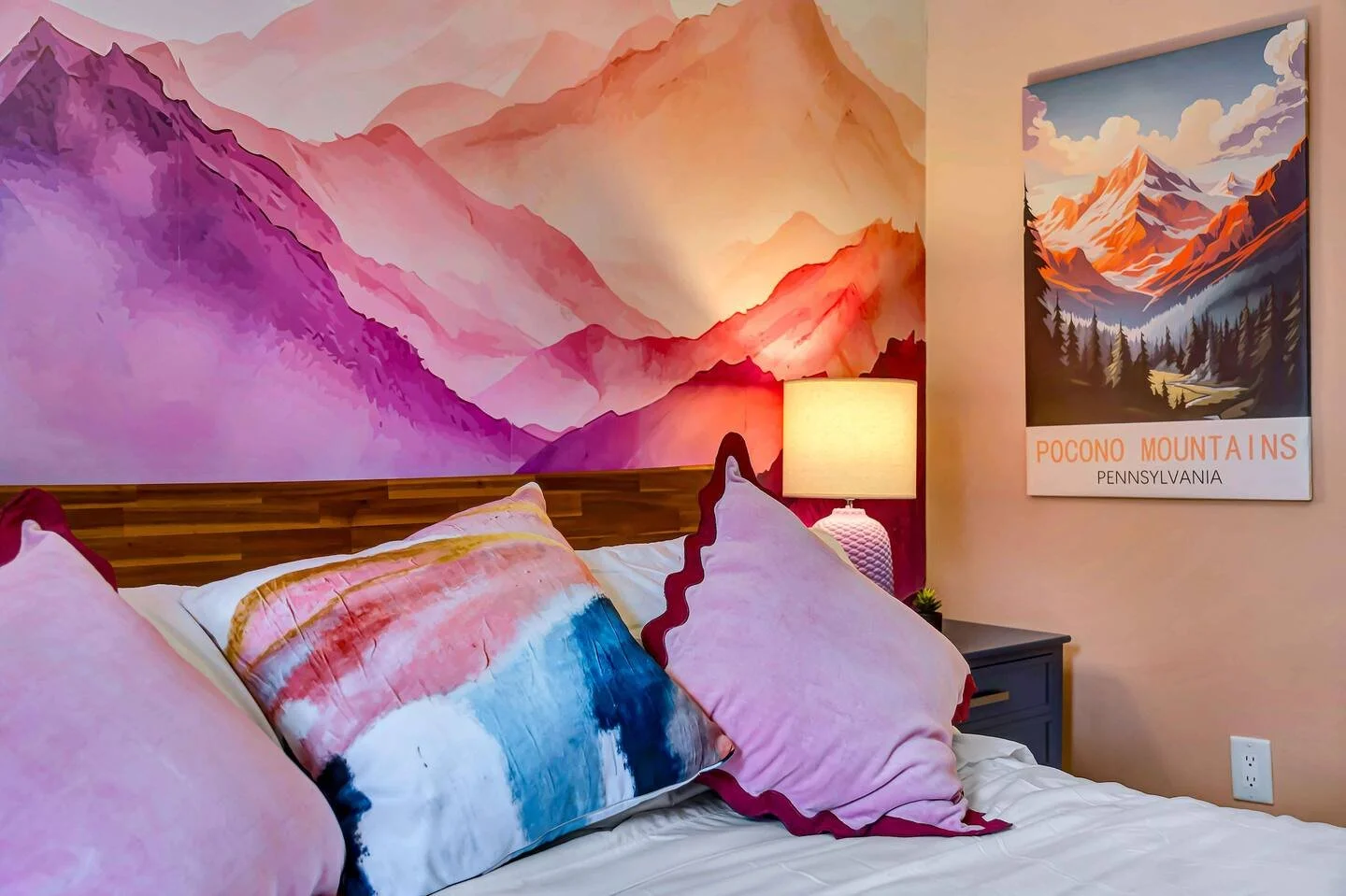 A bedroom with mountain-themed artwork on the walls, colorful pillows on the bed, a bedside lamp, and a small plant on a nightstand.