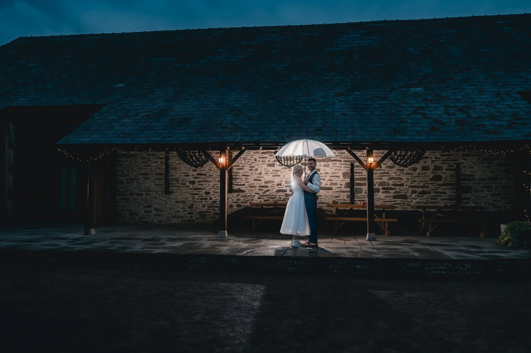 Romantic evening wedding portraits at Barn at Brynich