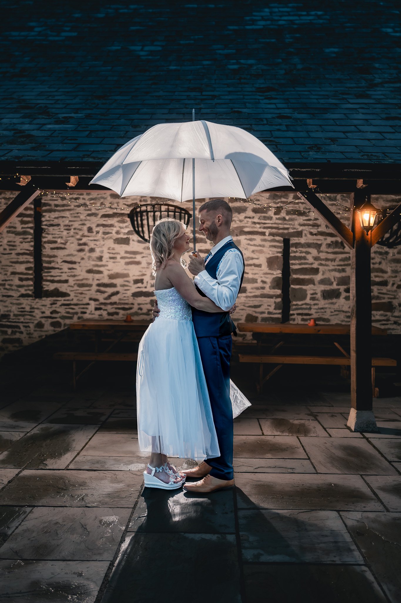 Romantic evening wedding portraits at Barn at Brynich