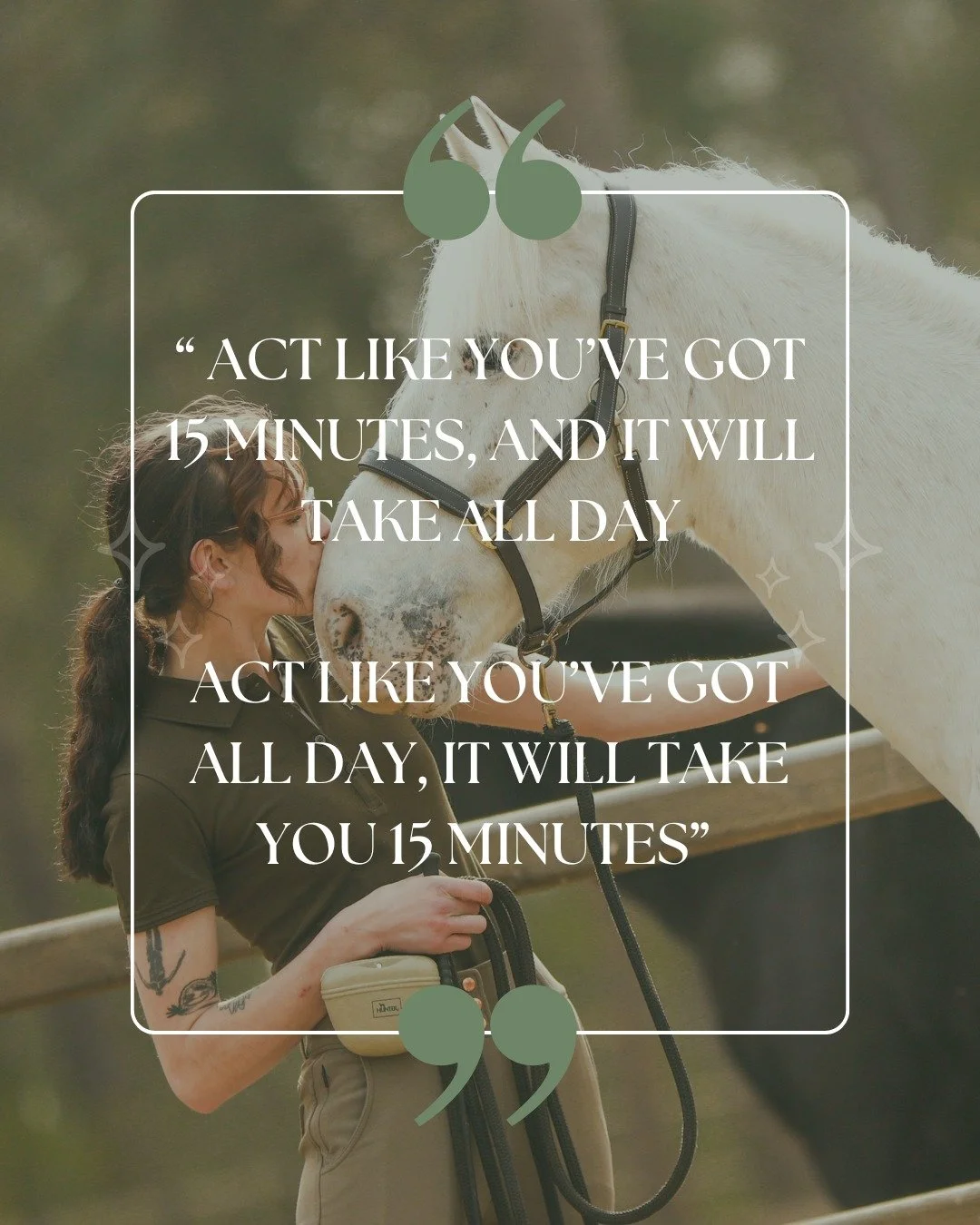 Een quote die mij altijd is bijgebleven en waar ik echt naar probeer te leven 🤍

In de huidige maatschappij haasten we veel te veel. Maar in de training met onze paarden werkt dat gewoon niet. Zij leven in het moment, snappen niks van haast en voele