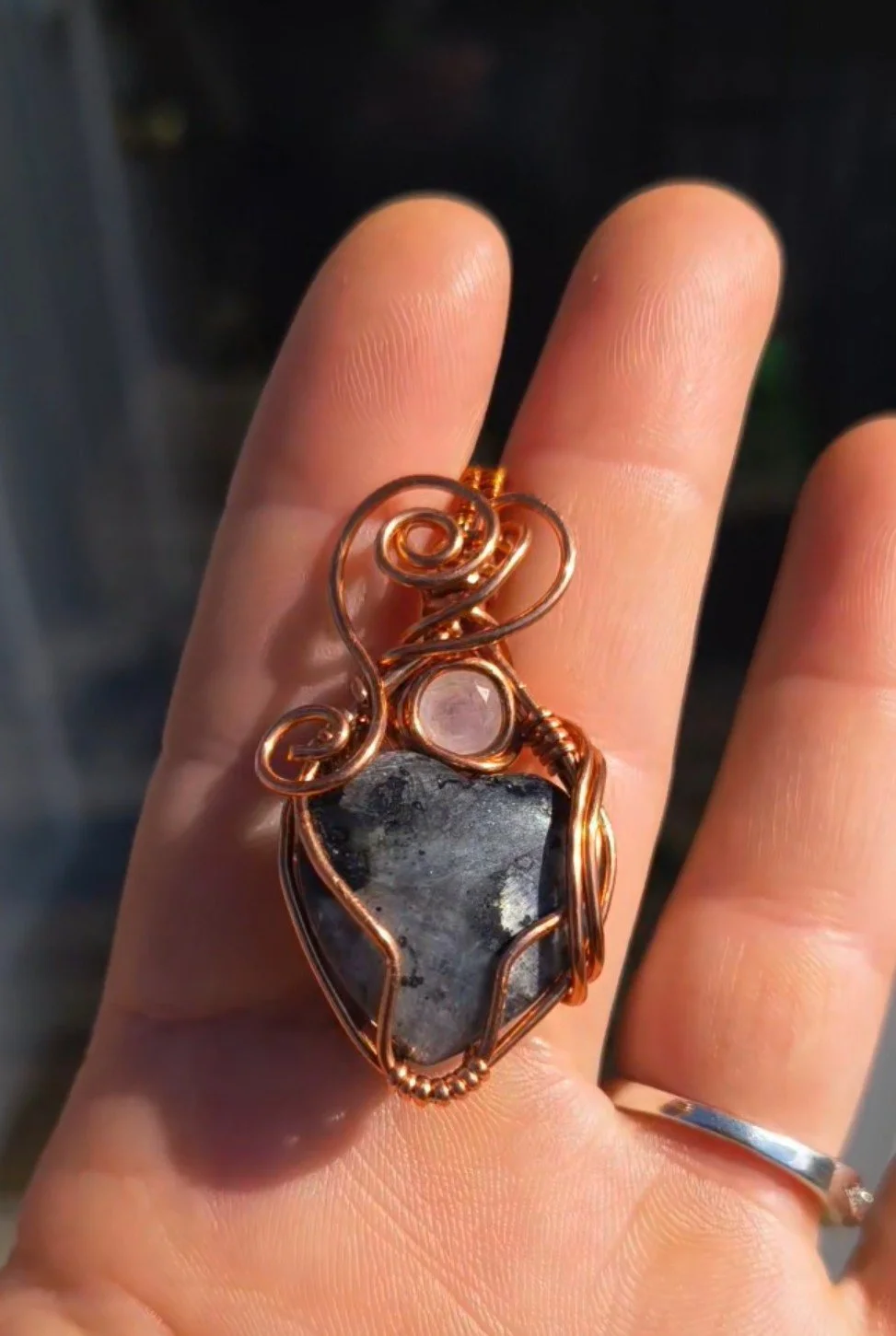 Mystical Copper-Wrapped Larvakite & Moonstone Pendant