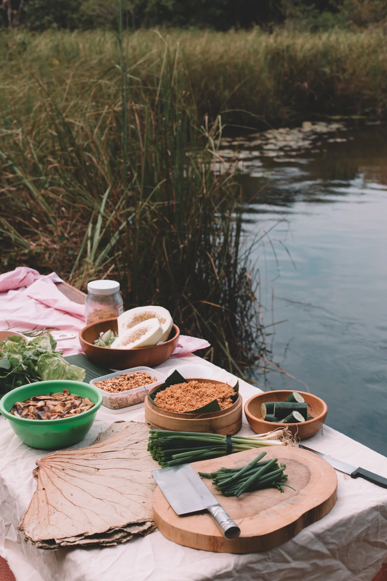 Outdoor food preparation with ingredients on a table by a pond, including herbs, vegetables, seeds, chopped nuts, and cutting boards.