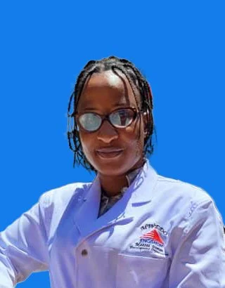 A person wearing glasses and a white lab coat against a blue background.