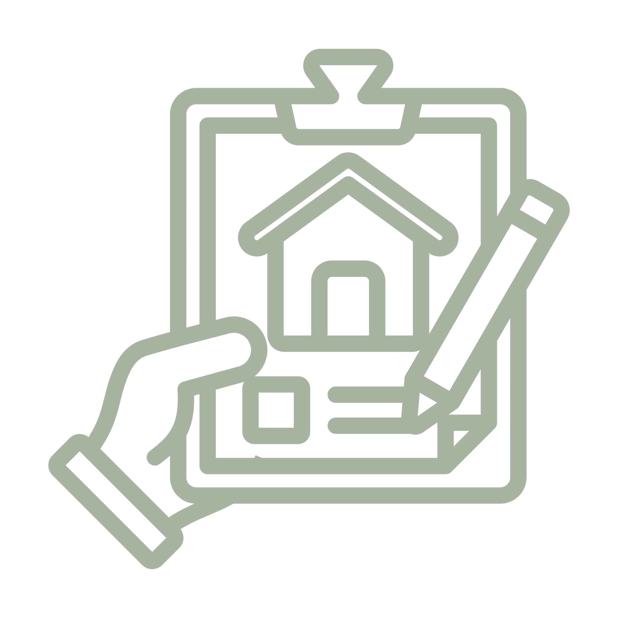 Outline icon of a clipboard with a house drawing, a hand holding a square, and a pencil, representing real estate or home planning.