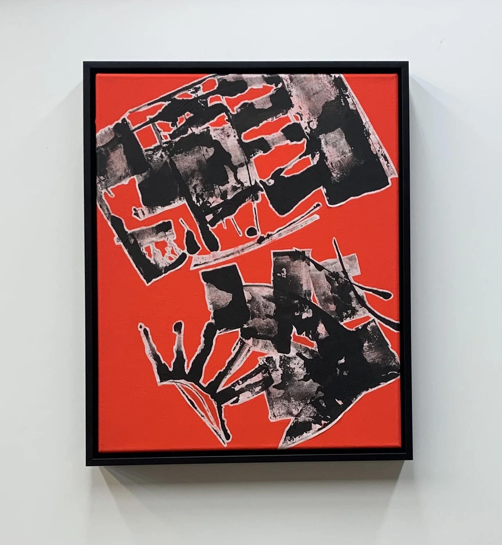 "Tooth, Claw". Sumi ink on paper, with acrylic paint & collage on canvas. Custom black wood float frame. 2025.