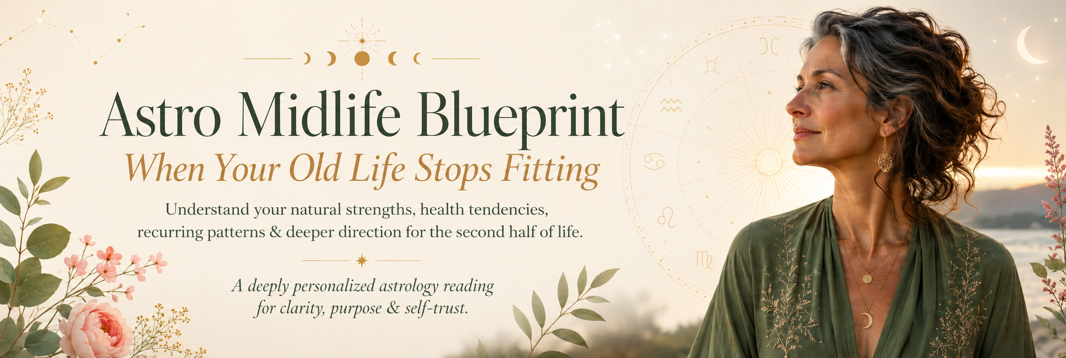 Midlife Vedic astrology reports offering personalized insight into life patterns, strengths, recurring themes, wellbeing tendencies and future direction.