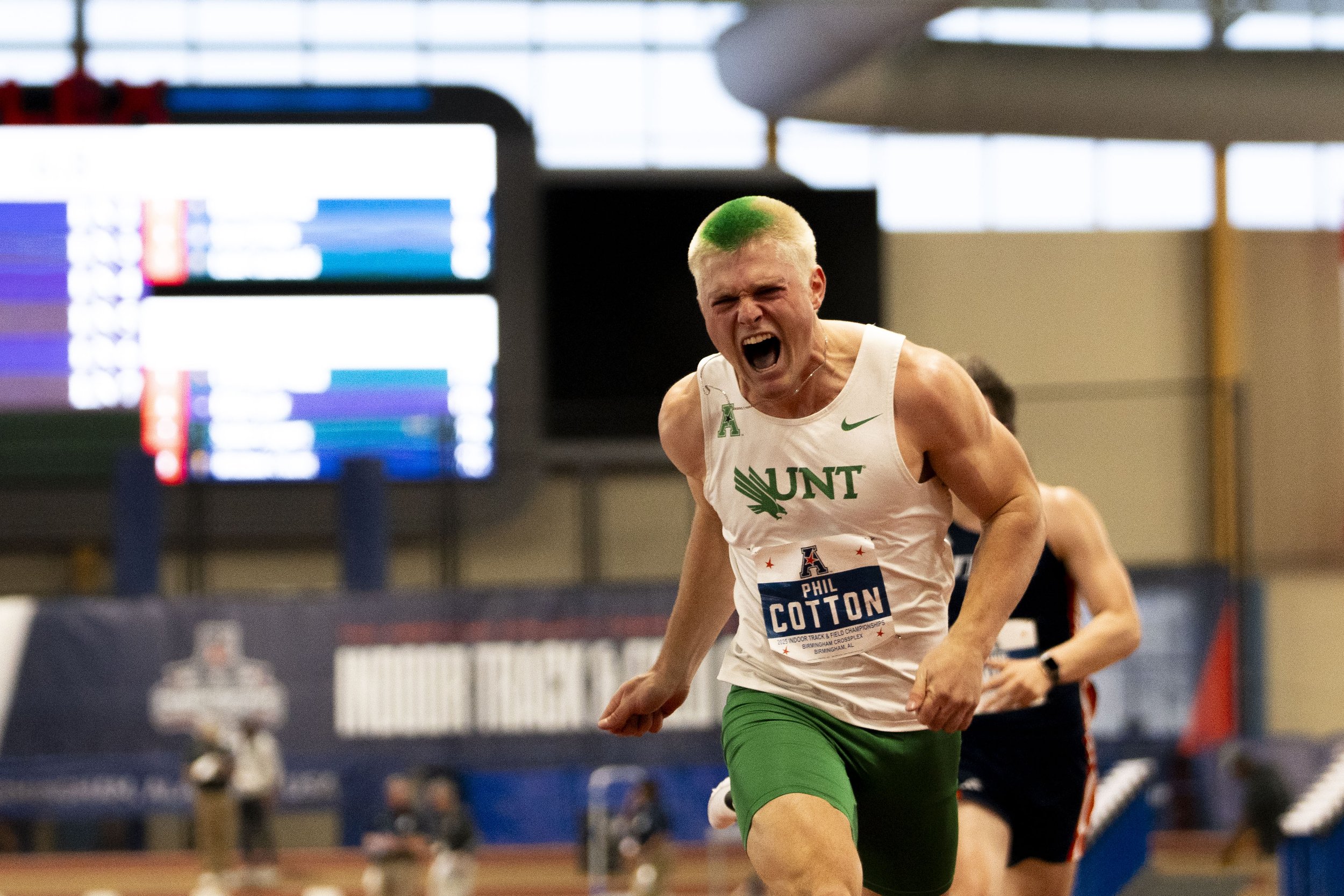 Multisport athlete Phil Cotton Celebrates after winning first in the 60-meter hurdles at the AAC Indoor championships in Birmingham, Alabama on Feb 26, 2025