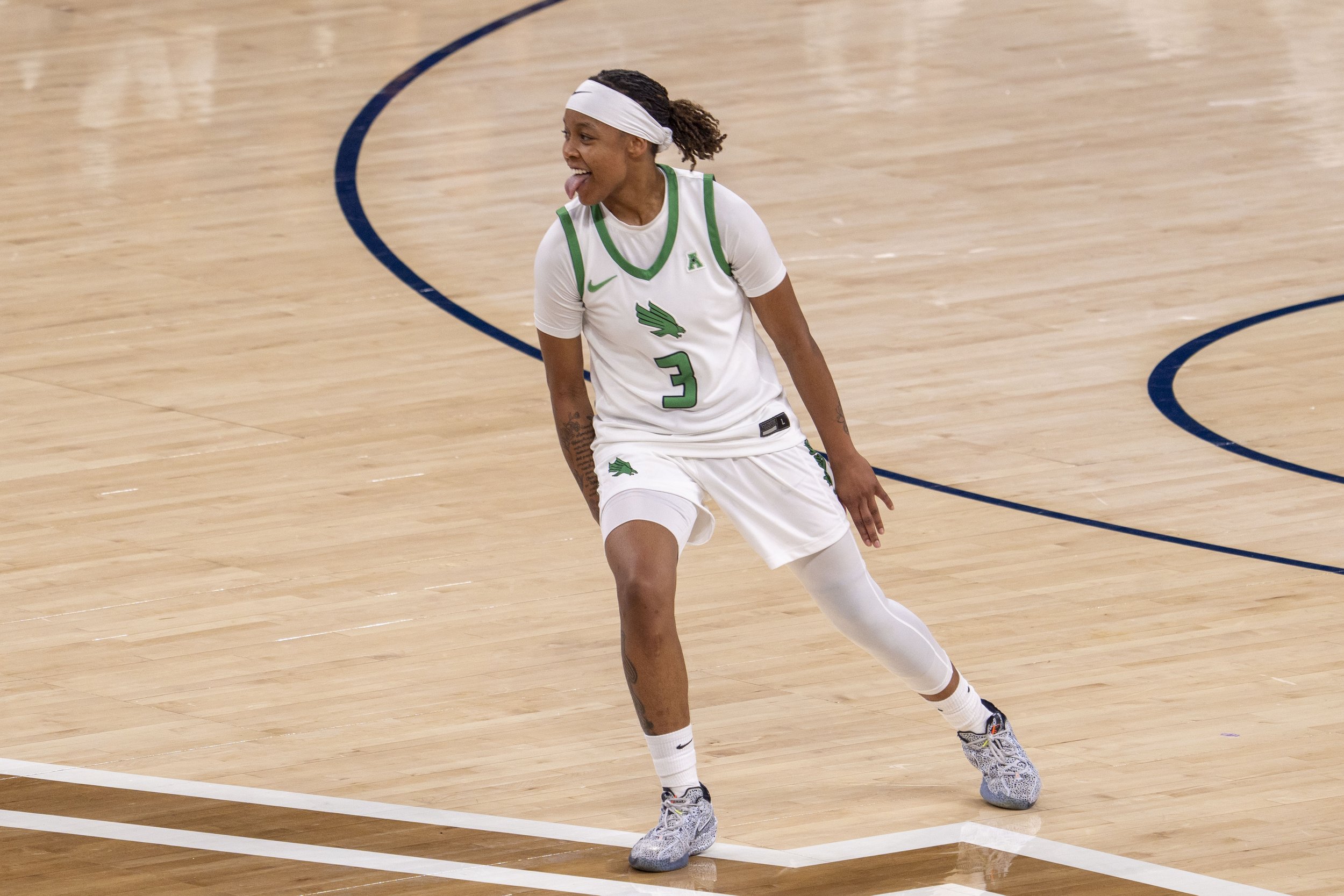 Deserie Wooten celebrates a 3-point shot against ECU in Dickies Arena in the AAC Championships on March 10, 2025