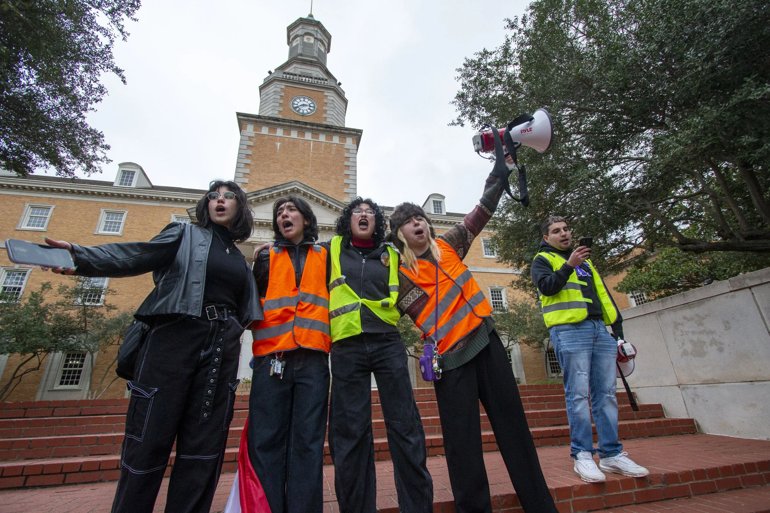 Students protest ICE deportations on the campus of UNT on Feb. 12, 2025