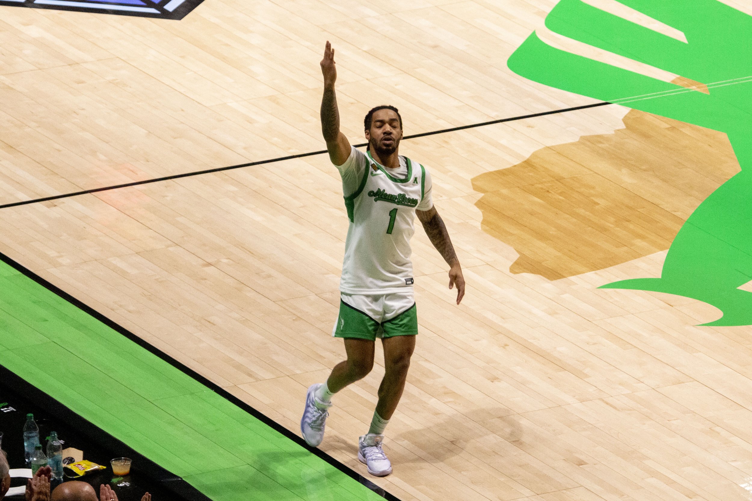 Latrelle Jasselle celebrates a 3-point shot in the NIT tournament against Arkansas State on March 23, 2025