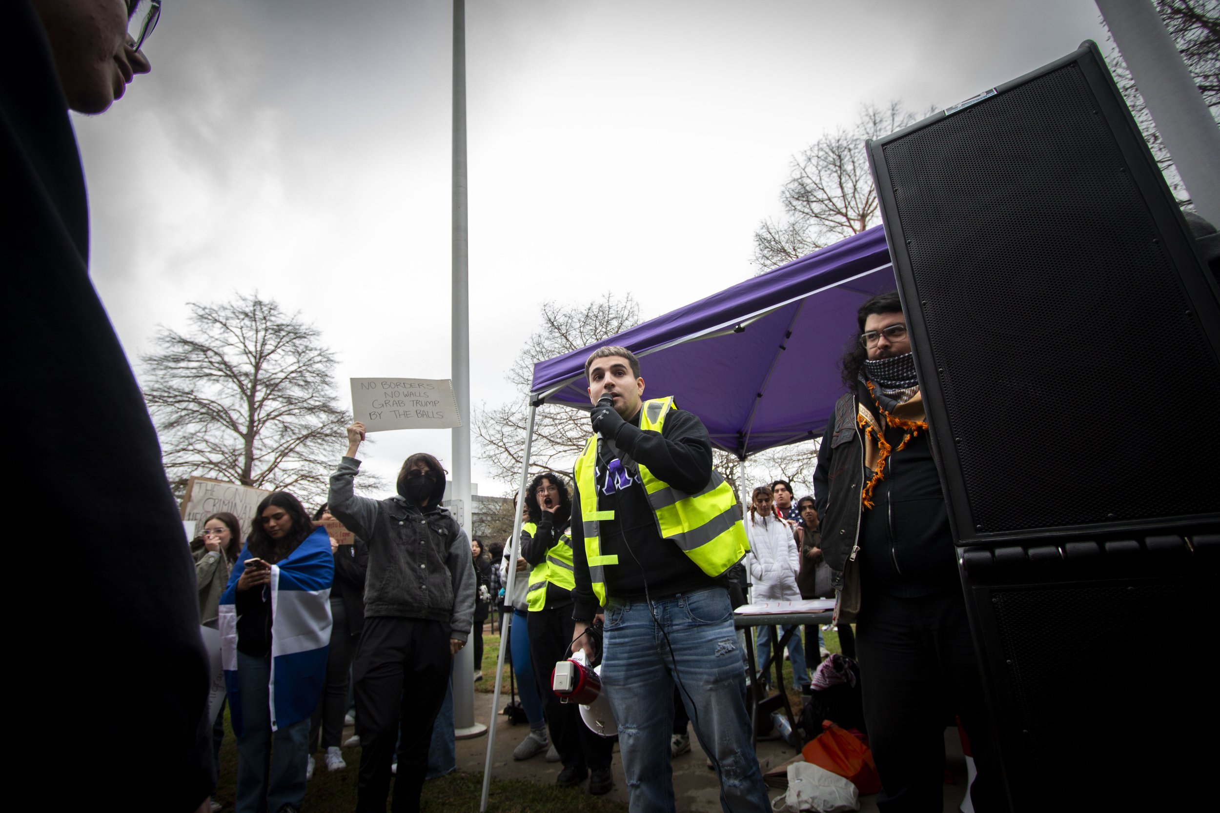 Students protest ICE deportations on the campus of UNT on Feb. 12, 2025