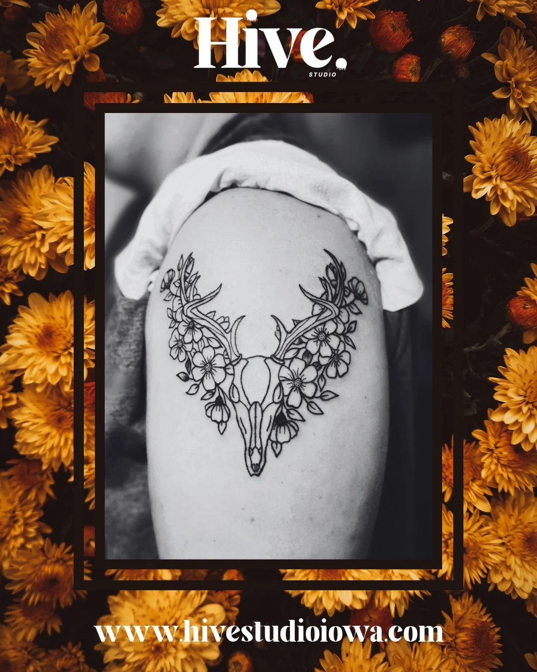 From custom Hive Studio flash ➡️ to one stunning client piece!

This bull skull + floral combo is giving bold, beautiful, wild west energy 🤠✨💀

🔥 Now&rsquo;s the perfect time to book!

💉 15% OFF tattoos + brows + piercings

💻 Book online: www.hi