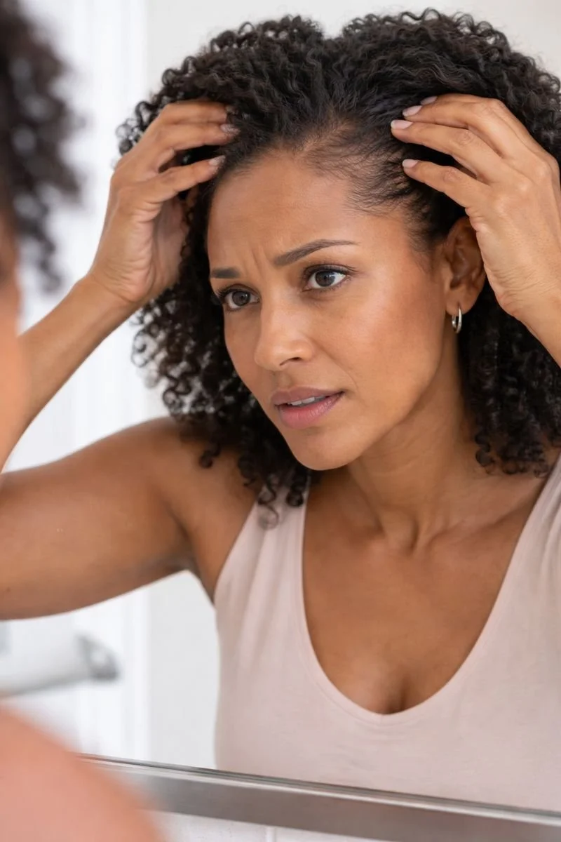 An African American woman with curly hair looking at herself in the mirror, touching her scalp and appearing concerned about her hair or scalp health.