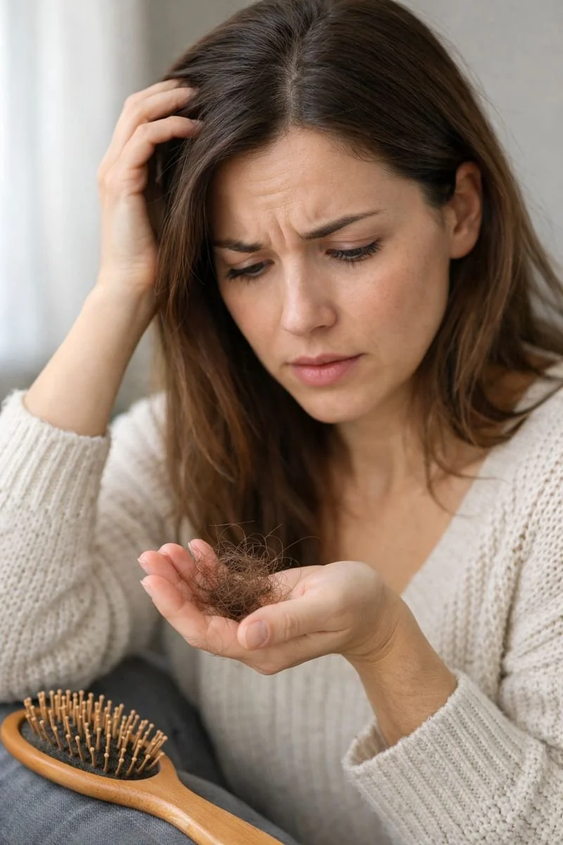 A woman looking worried, examining a handful of hair with a hairbrush nearby.