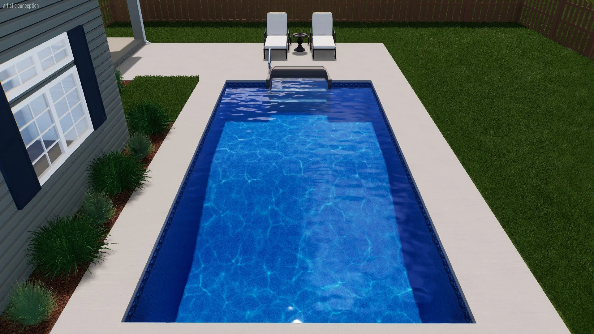Backyard view of a swimming pool with white lounge chairs, a small table, and a decorative waterfall, surrounded by a green lawn and wooden fence.