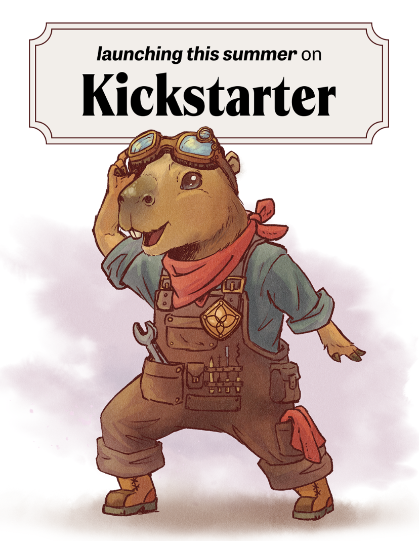 An illustrated anthropomorphic otter dressed as a construction worker with goggles, a red bandana, and a tool belt, promoting the launch of a project on Kickstarter.