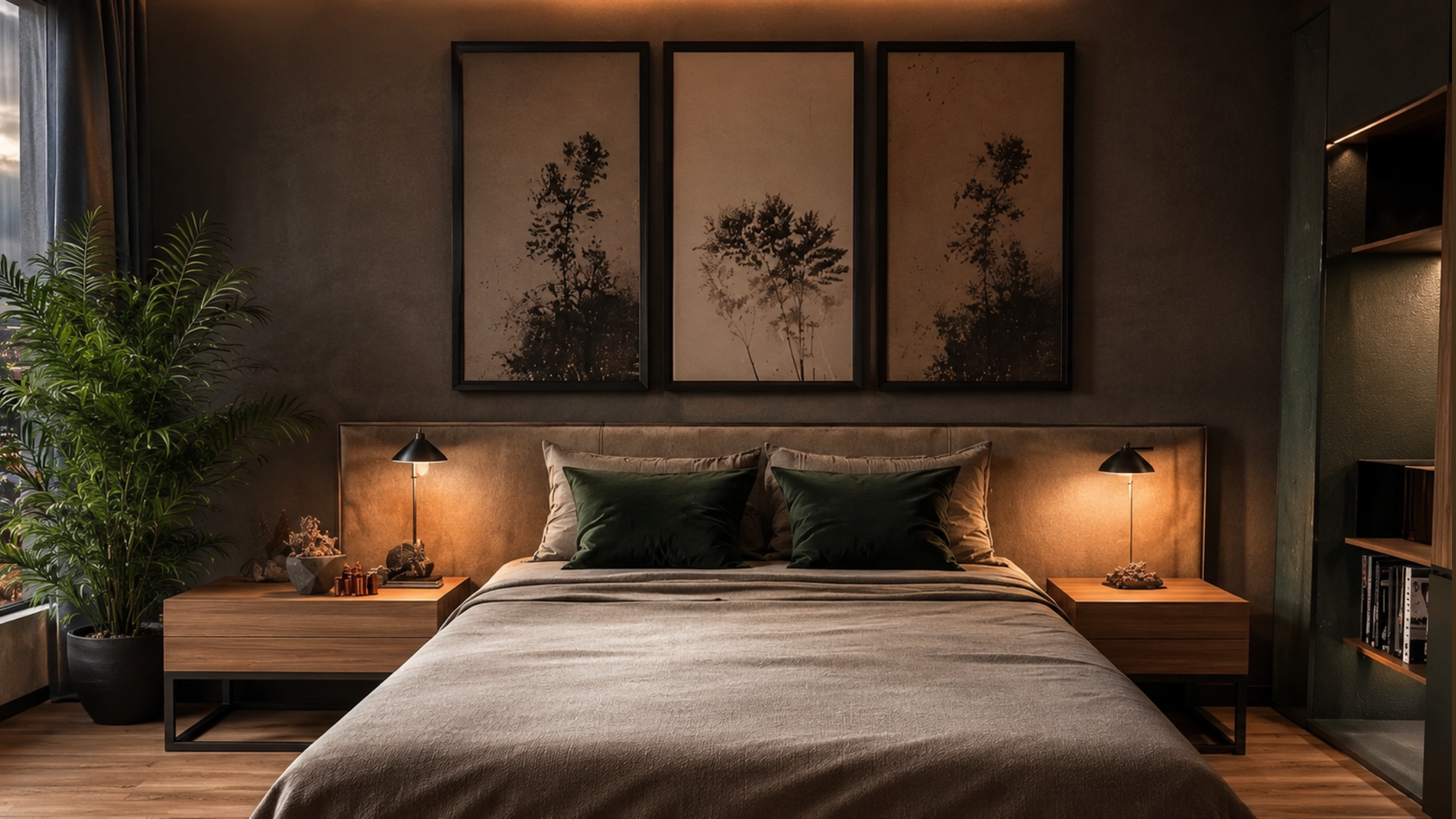 Quarto master com quadros e cores mais tons terrosos no anchieta