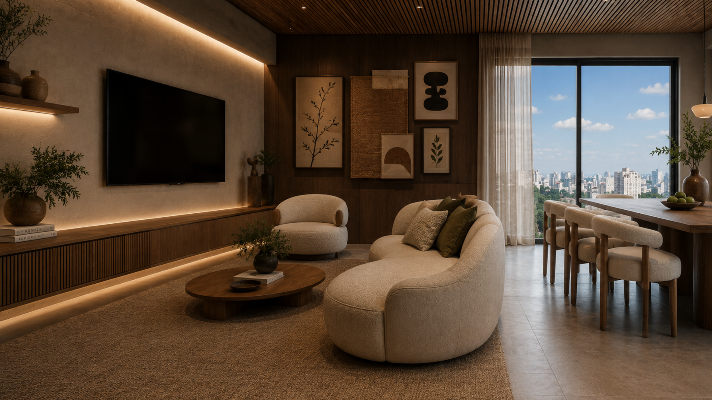 Sala de estar estilo tulum, com cores neutras de creme e marrom, tons de madeira, sofa organico e luz ambiente quente. Rack de madeira e parede velvet