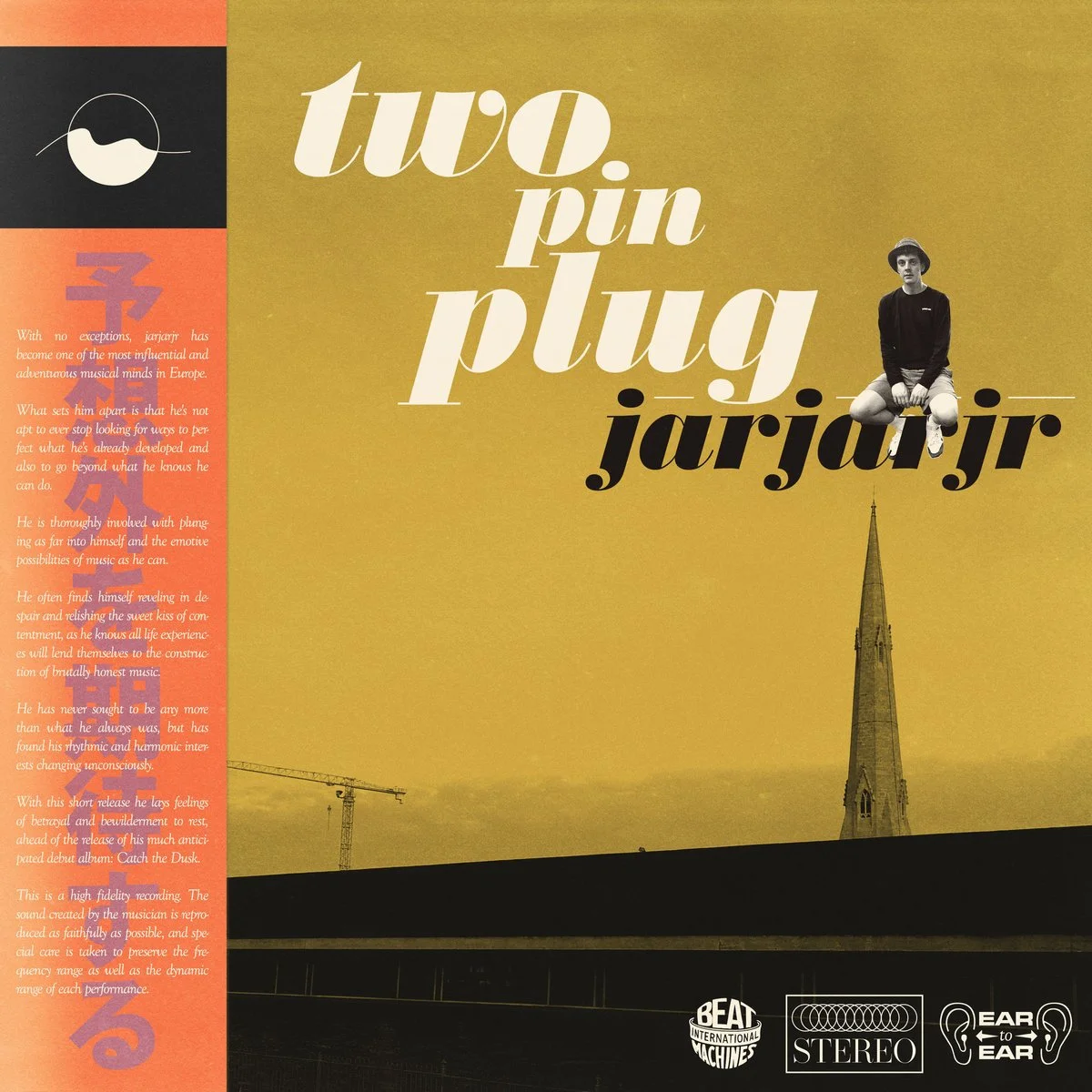 An album cover titled 'Two Pin Plug Jarjarjr' featuring a yellow background and a black-and-white photo of a person sitting on a ledge, with a church steeple below. The cover includes text about the artist and badges for 'Beat Machines', 'Stereo', an