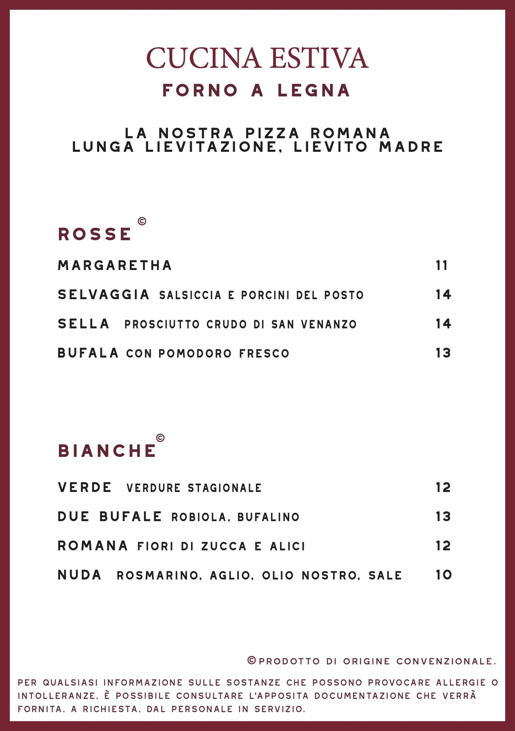 Italian menu page listing summer season foods with section headers 'Rosse' and 'Bianche' for red and white wines, and options with prices.
