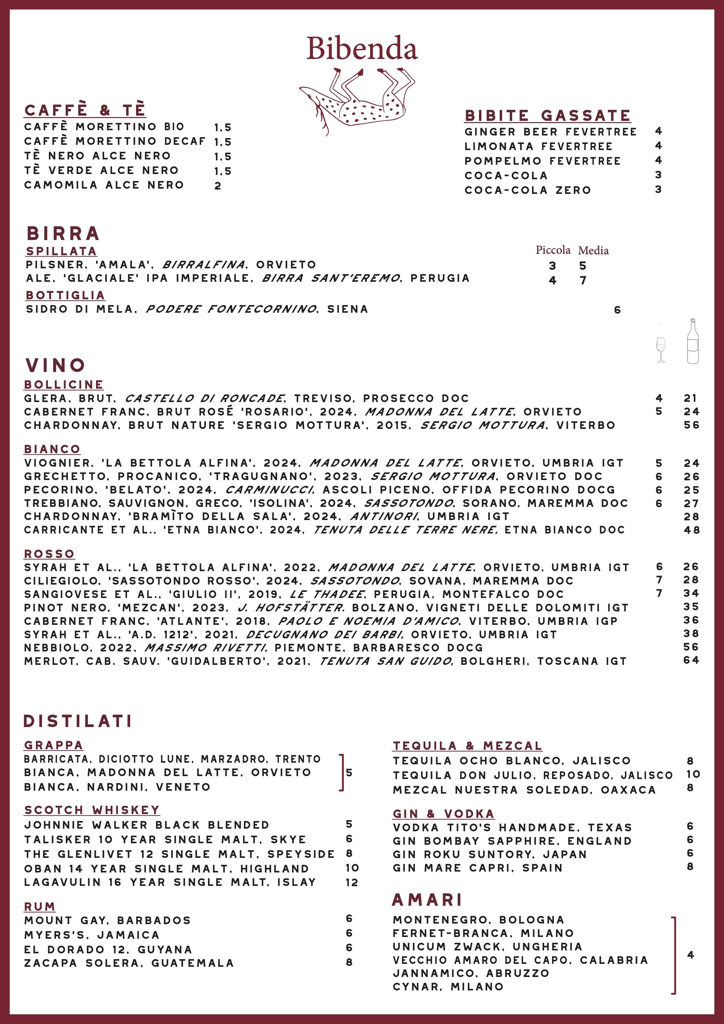 A restaurant menu featuring sections for beverages, beer, wine, distilled spirits, cocktails, gin & vodka, and amari. The menu is written in Italian and English, listing various drinks with prices.