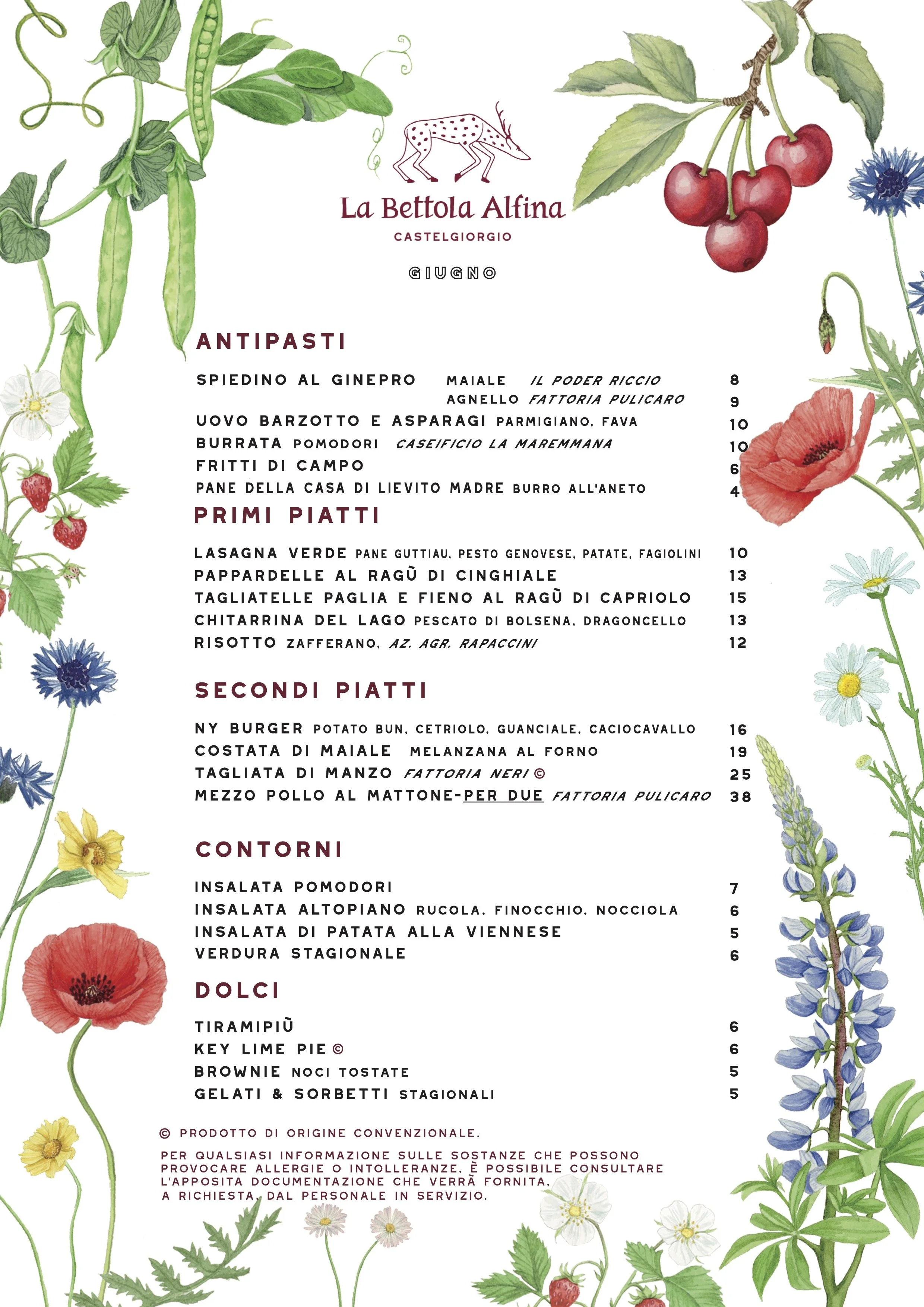 Italian restaurant menu with illustrations of various herbs and flowers surrounding the text.