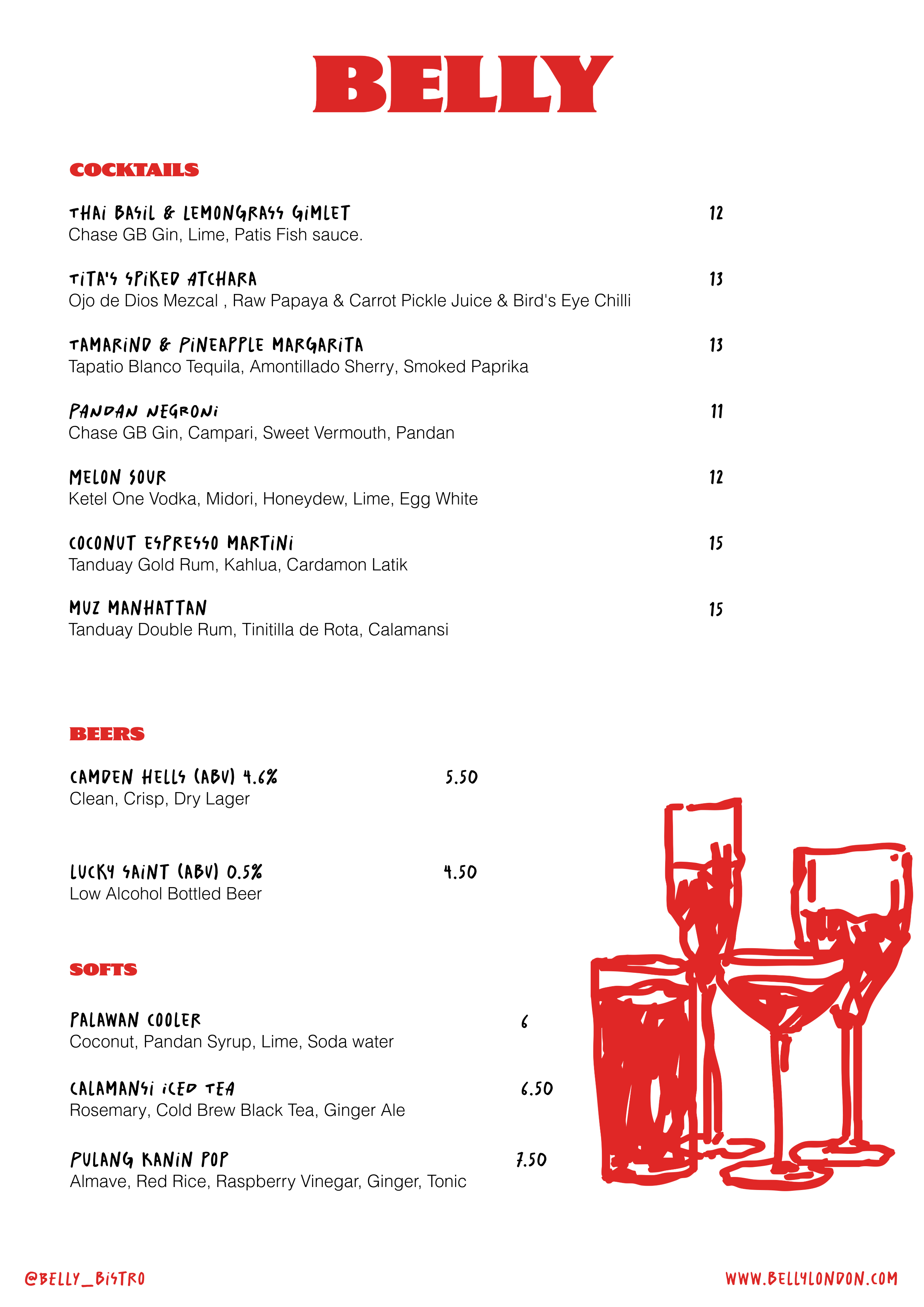 A menu from Belly Bistro featuring cocktail, beer, and soft drink options, accompanied by a red line drawing of two beer glasses on the right side.