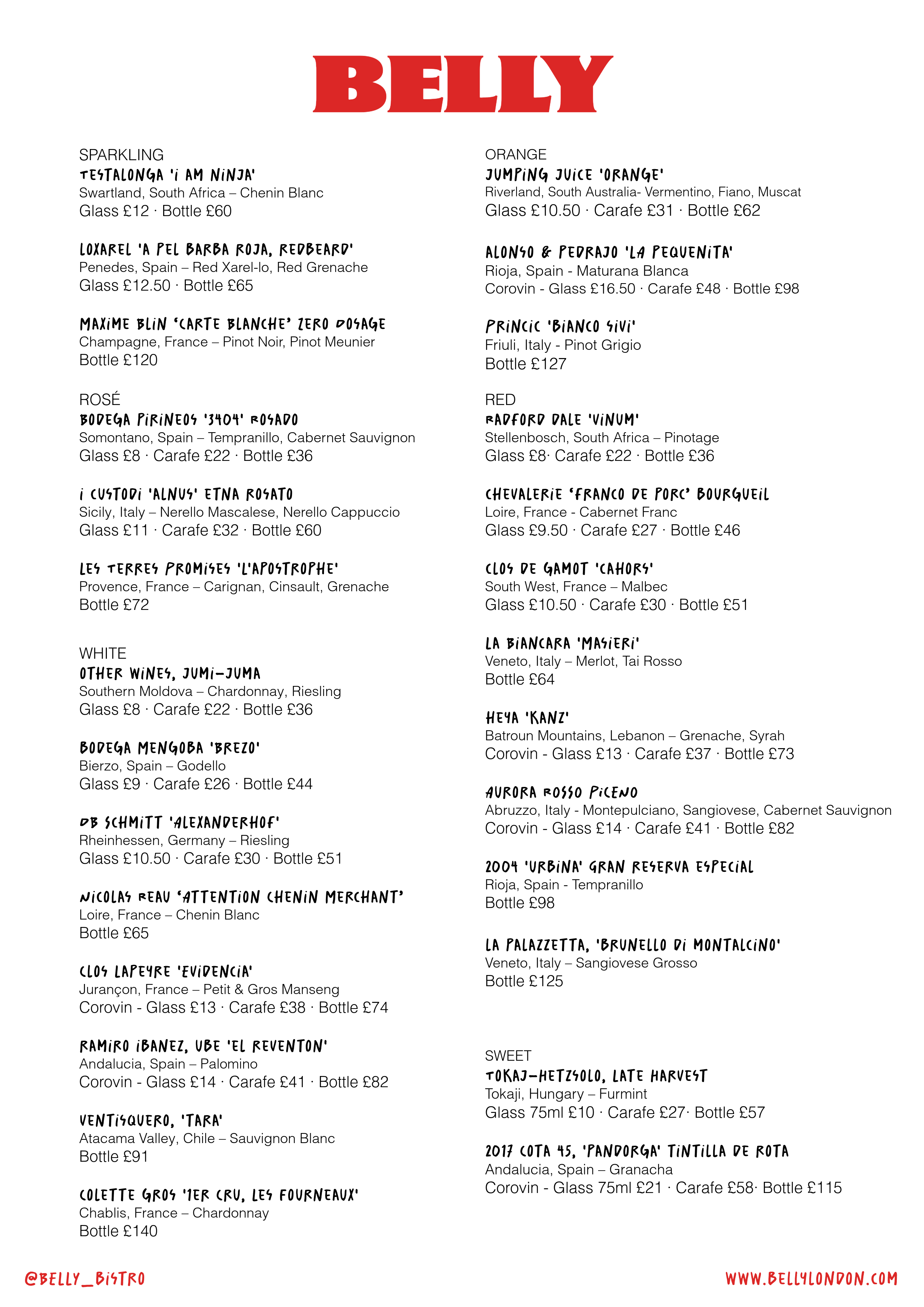 A menu listing a variety of wines, categorized by type such as sparkling, rosé, white, sweet, orange, and red, with details about their origin, grape type, and prices for glass, carafe, and bottle.