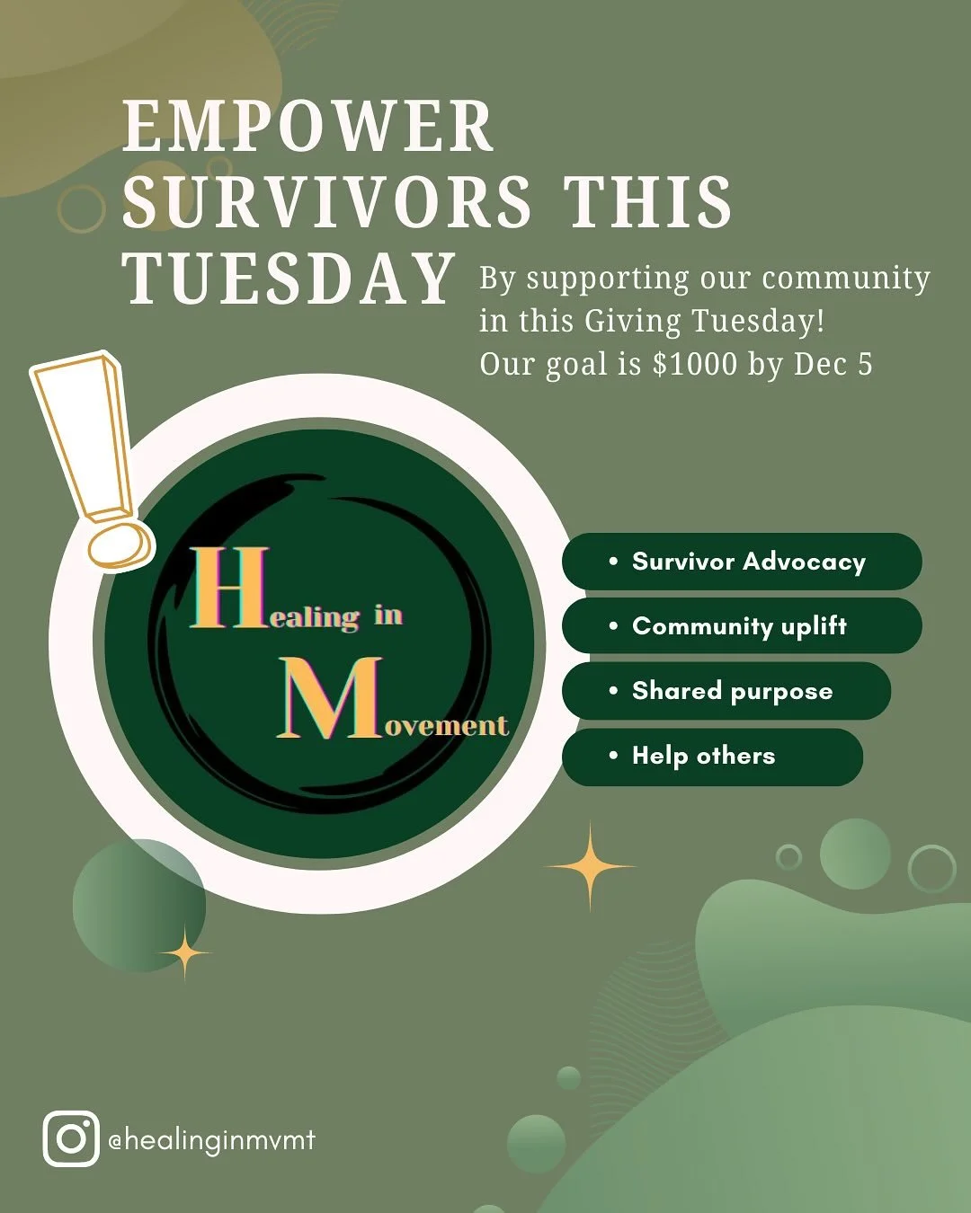 Empower survivors through movement in community by supporting small nonprofits like @healinginmvmt 💚🌱

Please check out our impact and ways to support above!

Thank you to the following amazing supporters and many more: 
@vero_le_vero 
@thetimng 
@
