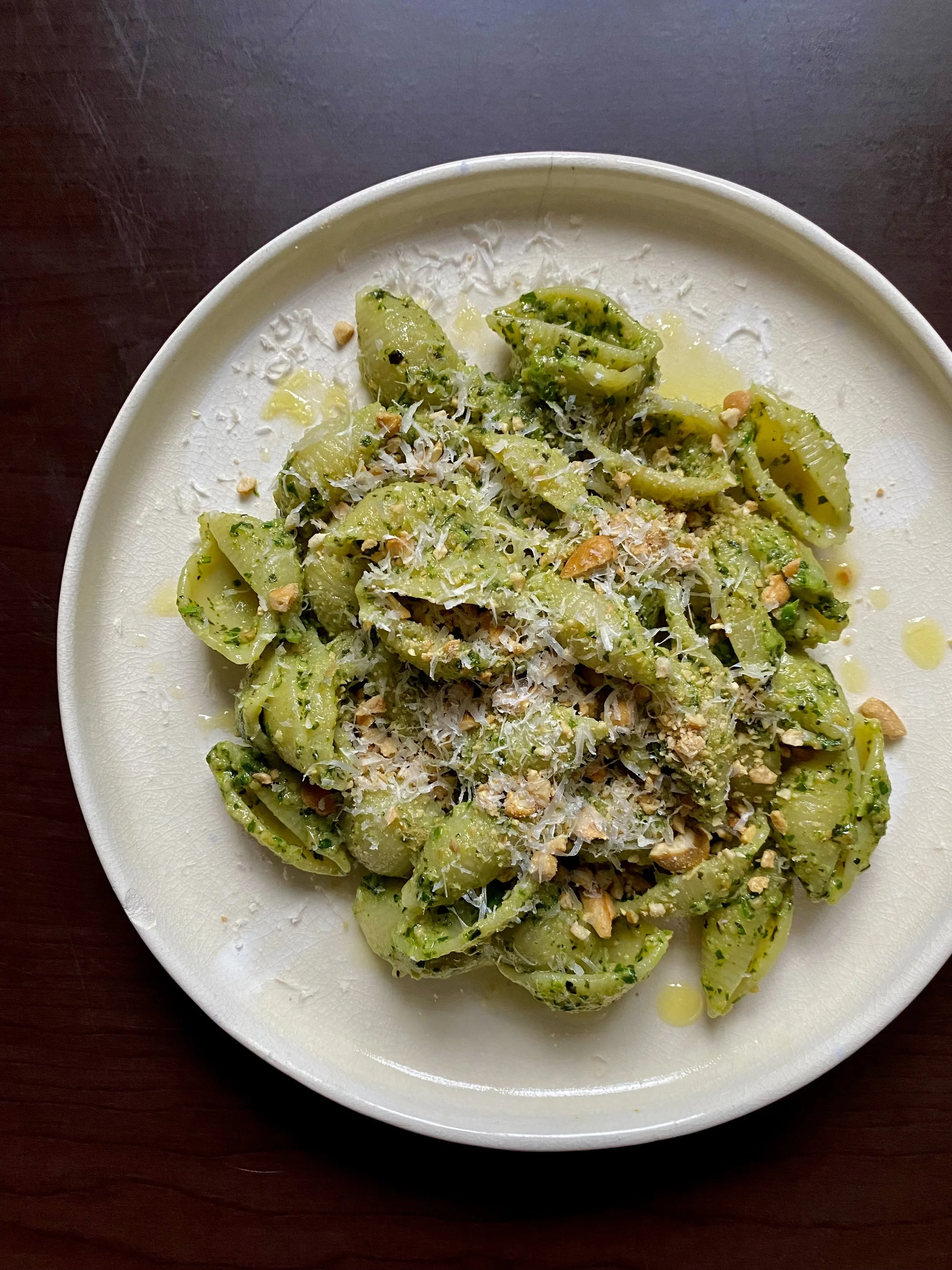 Basil &amp; Garlic Scape Pesto with Shells + Toasted Cashews