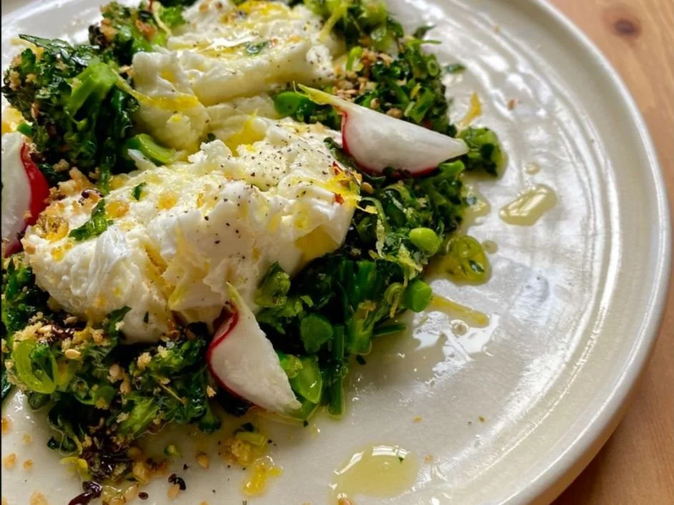 Sprouting Broccoli w/ Fresh Mozzarella, Green Garlic Oil + Everything Breadcrumbs